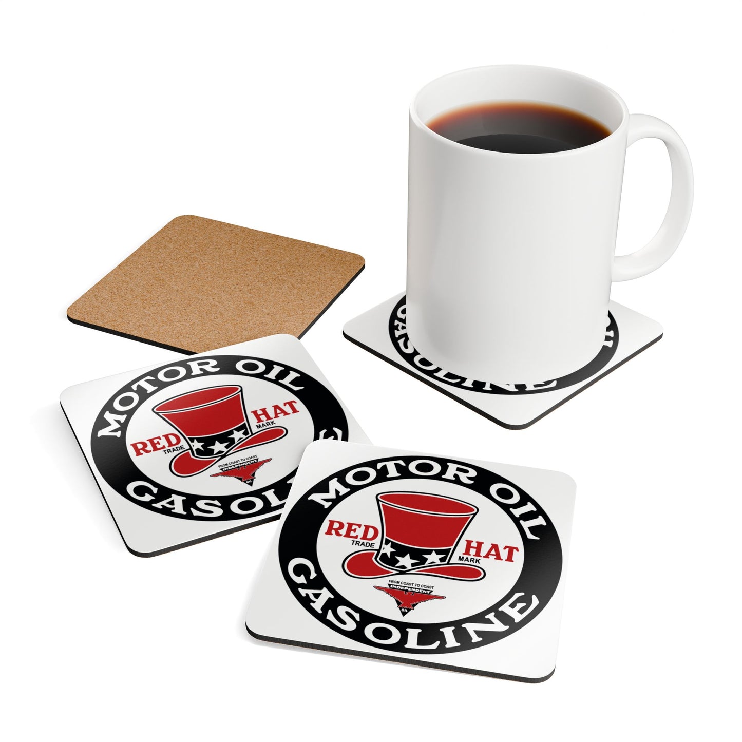 Red Hat Motor Oil & Gasoline Coaster Set — Vintage Rare Petroliana Gift | The Faded Label Co.