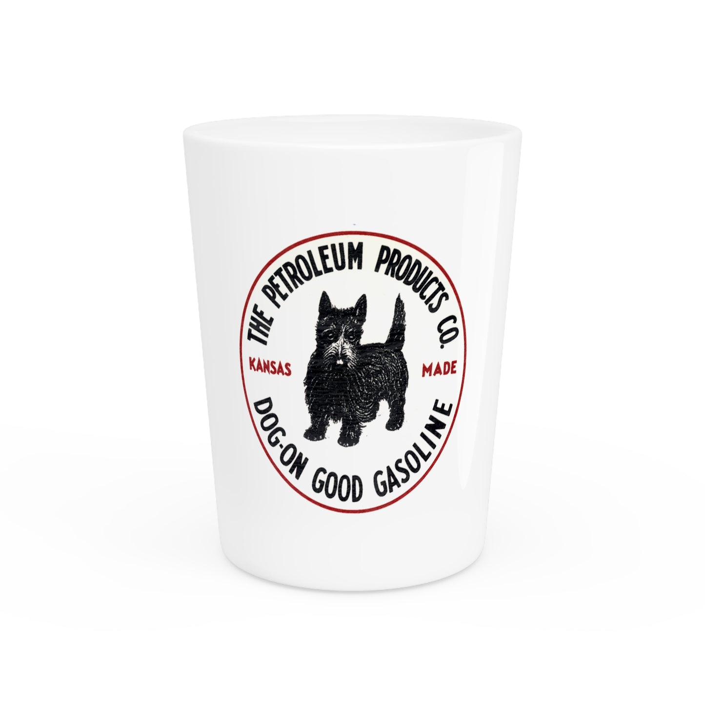 Dog-On Good Gasoline shot glass — vintage Scottie Dog petroliana barware — The Faded Label Co.