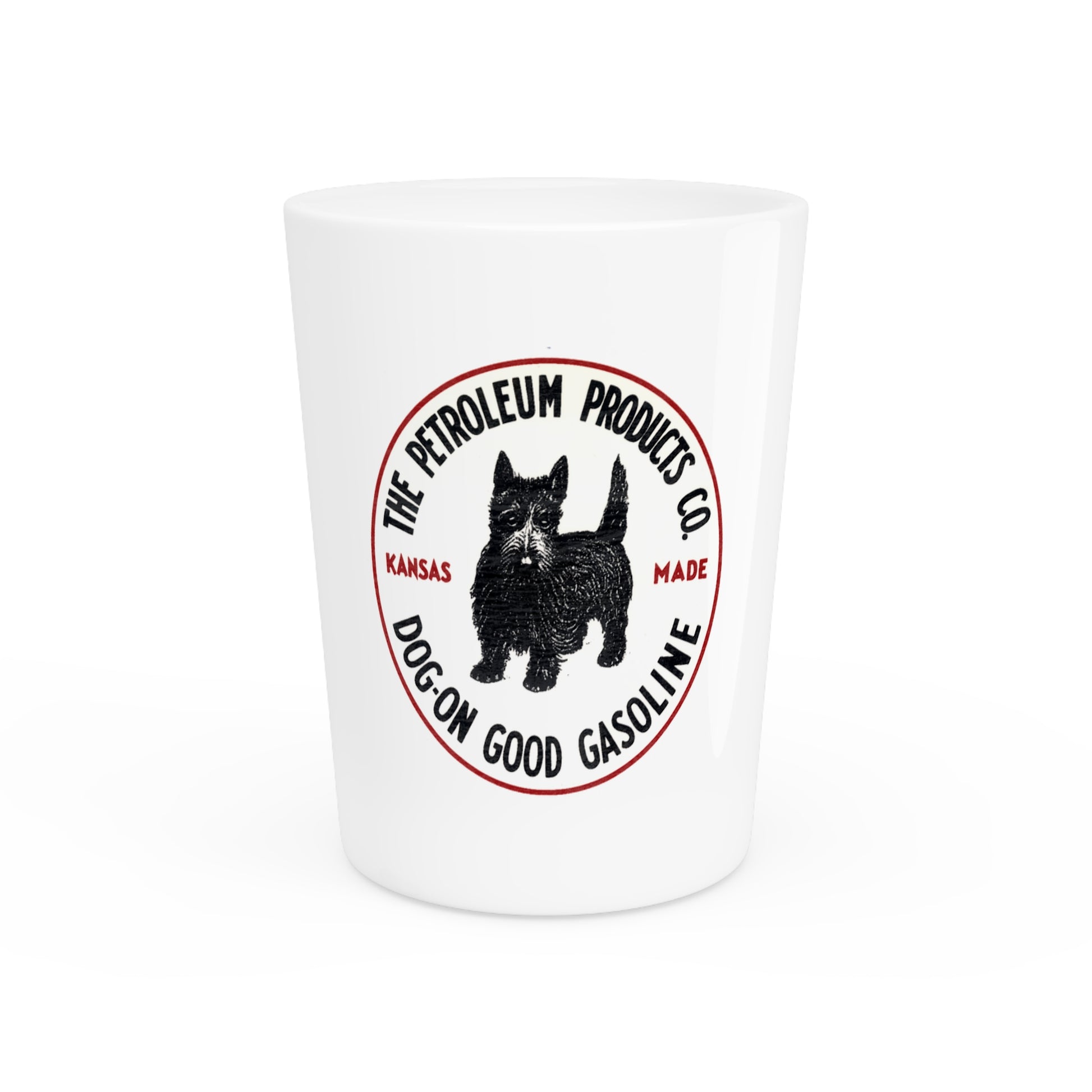 Dog-On Good Gasoline shot glass — vintage Scottie Dog petroliana barware — The Faded Label Co.