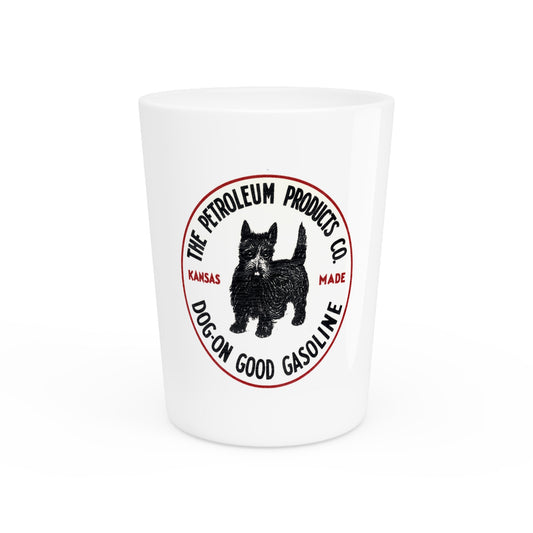 Dog-On Good Gasoline shot glass — vintage Scottie Dog petroliana barware — The Faded Label Co.