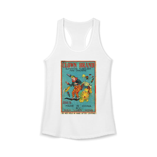 Clown Brand Firecrackers women's racerback tank top — vintage 4th of July fireworks art — The Faded Label Co.