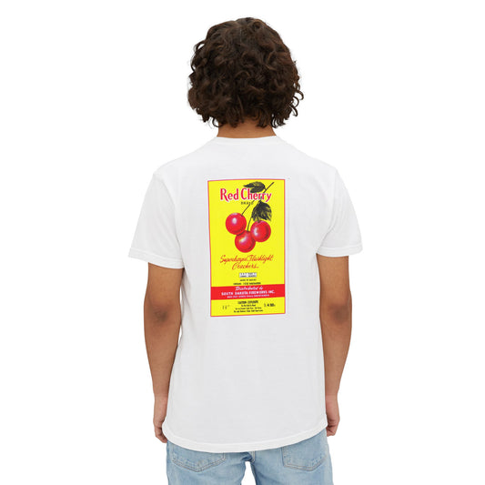 Red Cherry Brand Firecrackers pocket t-shirt white back — vintage fireworks label art — The Faded Label Co.