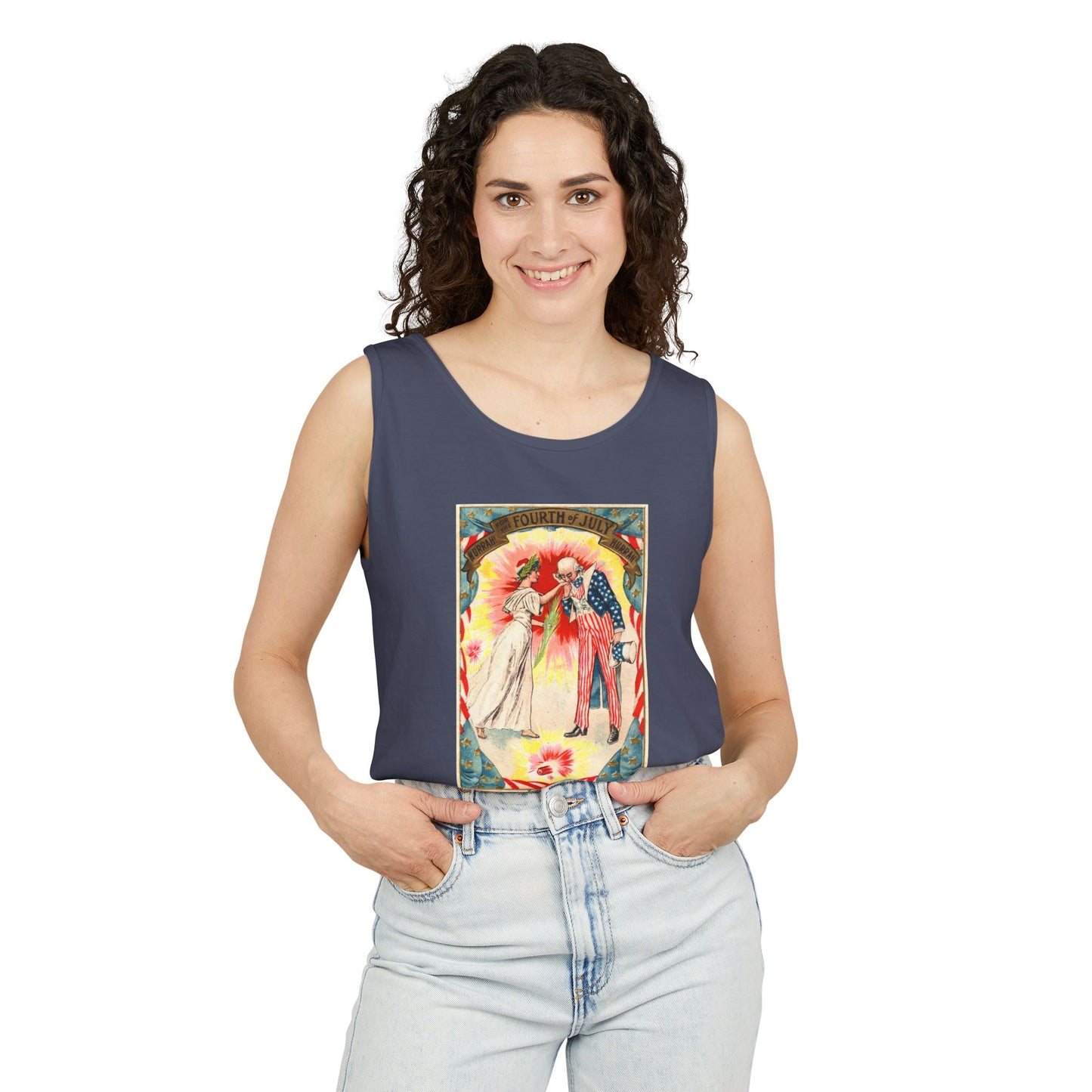 Uncle Sam and Columbia tank top pepper — vintage Fourth of July postcard art — The Faded Label Co.