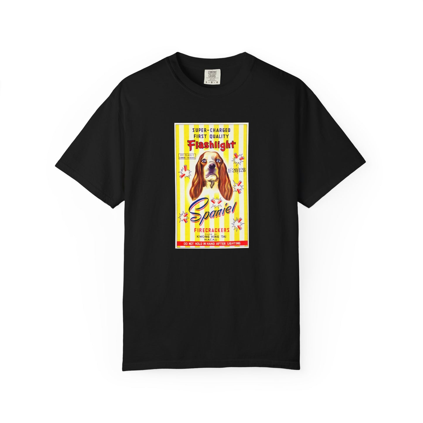 Spaniel Brand Firecrackers t-shirt Ivory — vintage spaniel fireworks Comfort Colors tee — The Faded Label Co.