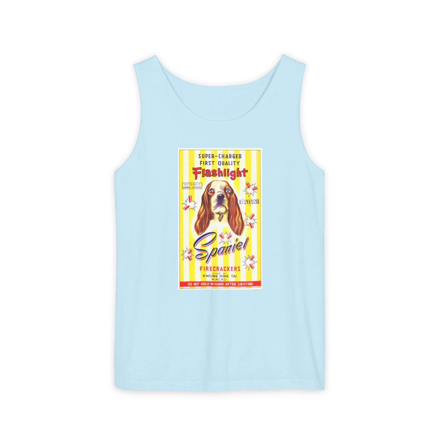 Spaniel Brand Firecrackers tank top crimson — vintage firecracker label graphic — The Faded Label Co.