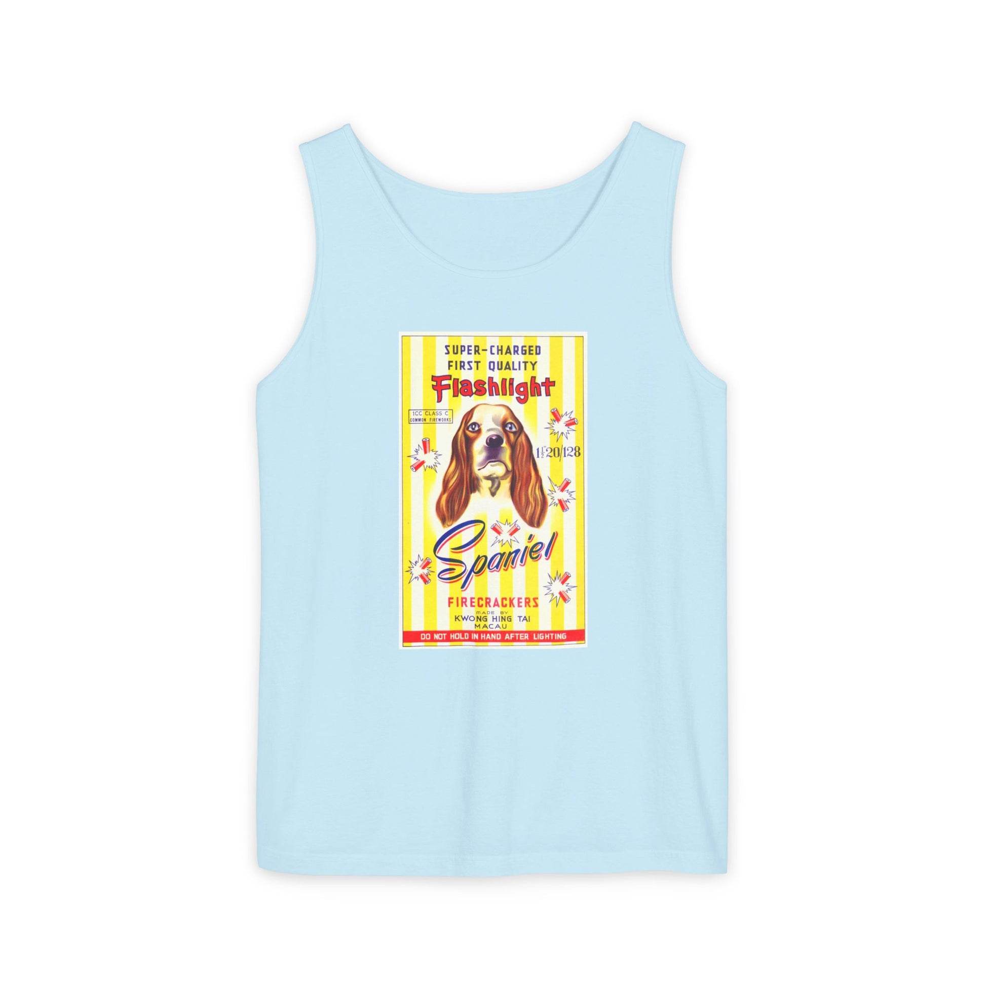Spaniel Brand Firecrackers tank top crimson — vintage firecracker label graphic — The Faded Label Co.