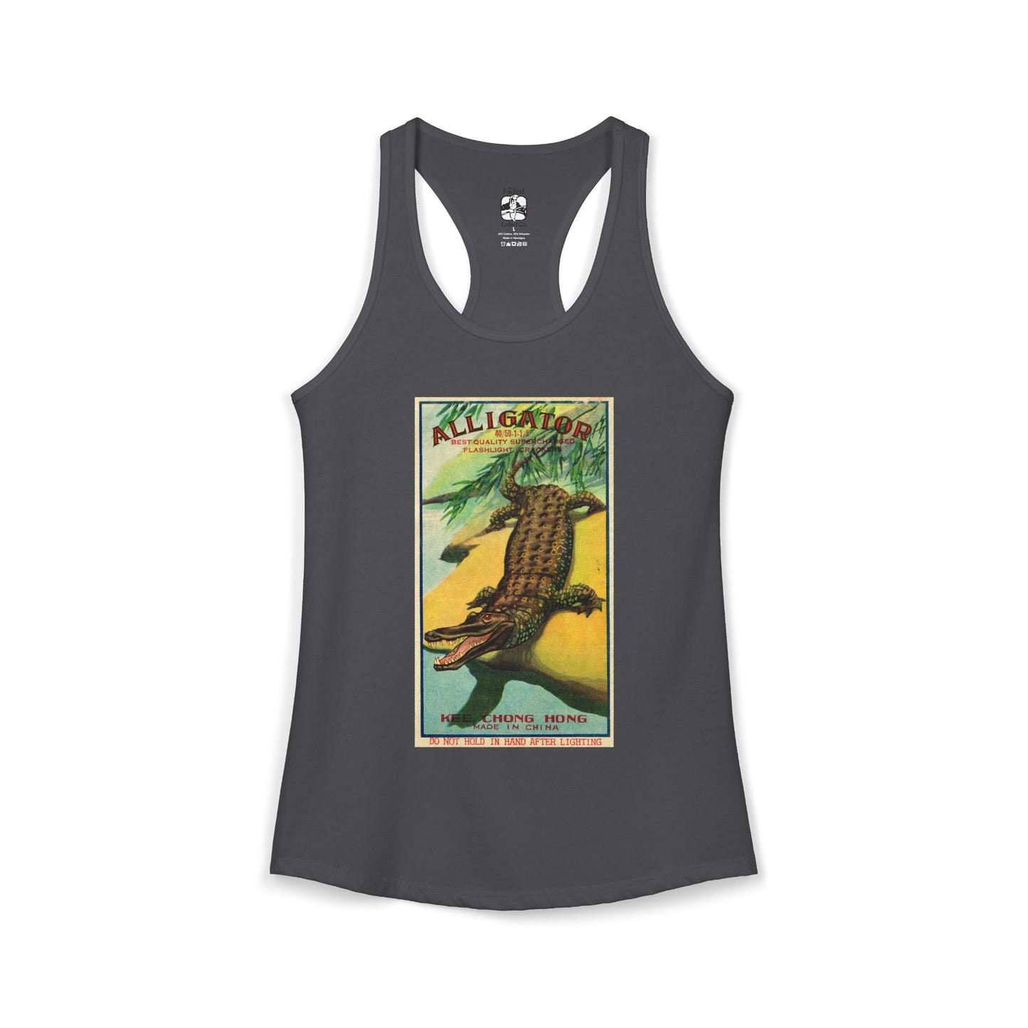 Alligator Firecrackers racerback tank red — vintage firecracker label graphic — The Faded Label Co.