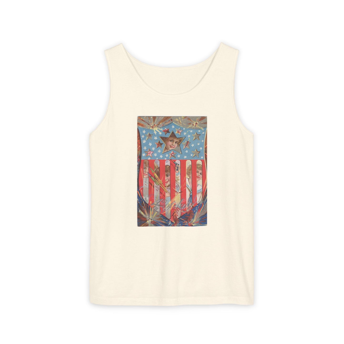 4th of July Shield Girls tank top white — vintage embossed patriotic postcard art — The Faded Label Co.
