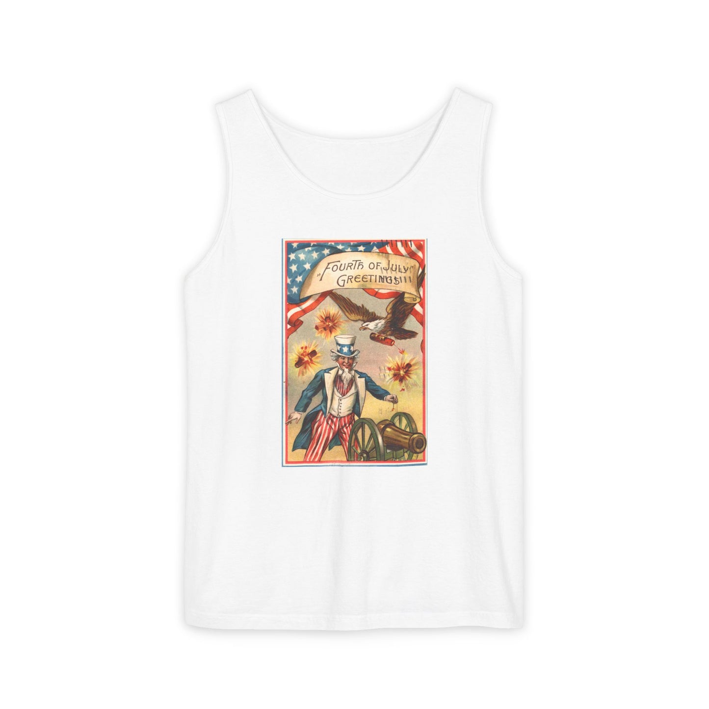 Fourth of July Greetings Uncle Sam tank top chambray — vintage patriotic postcard art — The Faded Label Co.