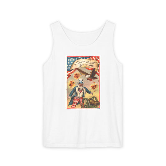 Fourth of July Greetings Uncle Sam tank top chambray — vintage patriotic postcard art — The Faded Label Co.