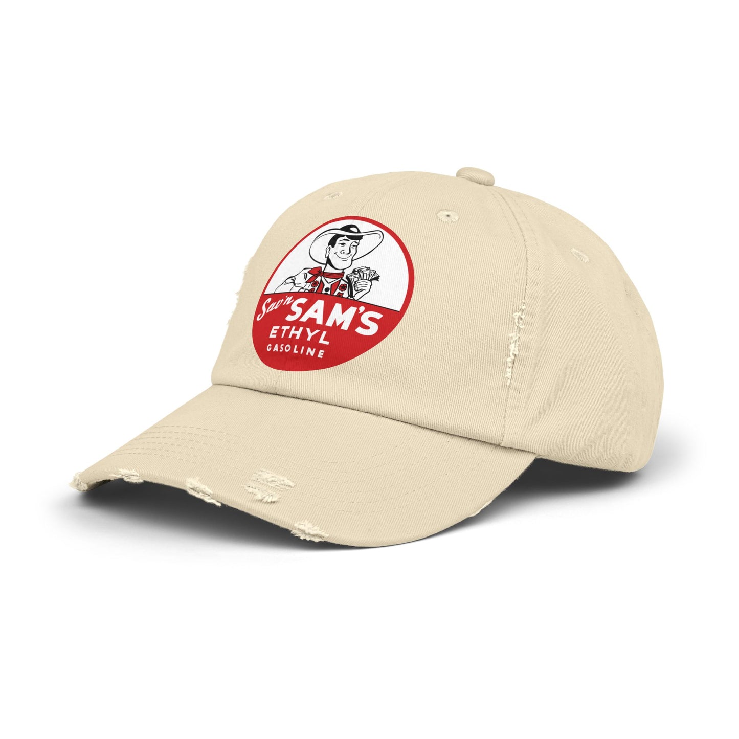 sams ethyl Distressed Gasoline Logo Cap — "Sam's Ethyl" Vintage Trucker Hat