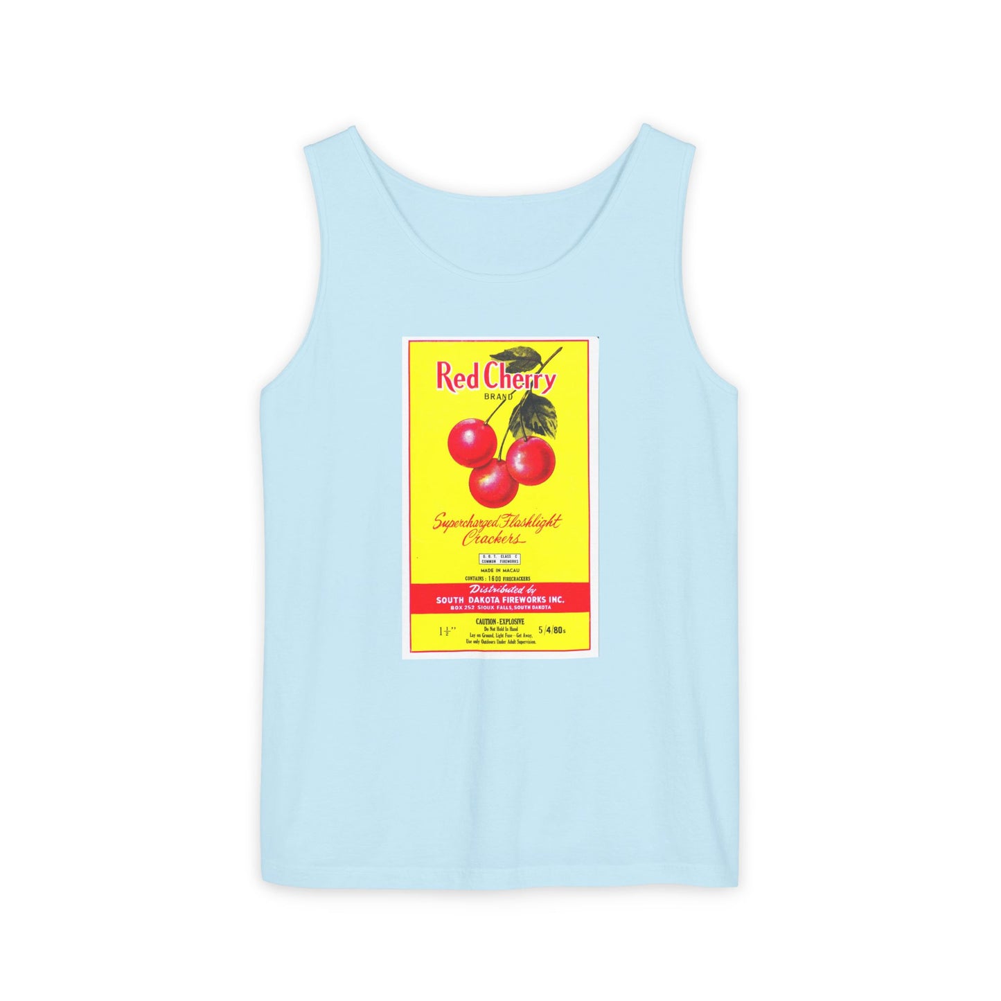 Red Cherry Brand Firecrackers tank top crimson — South Dakota fireworks label graphic — The Faded Label Co.
