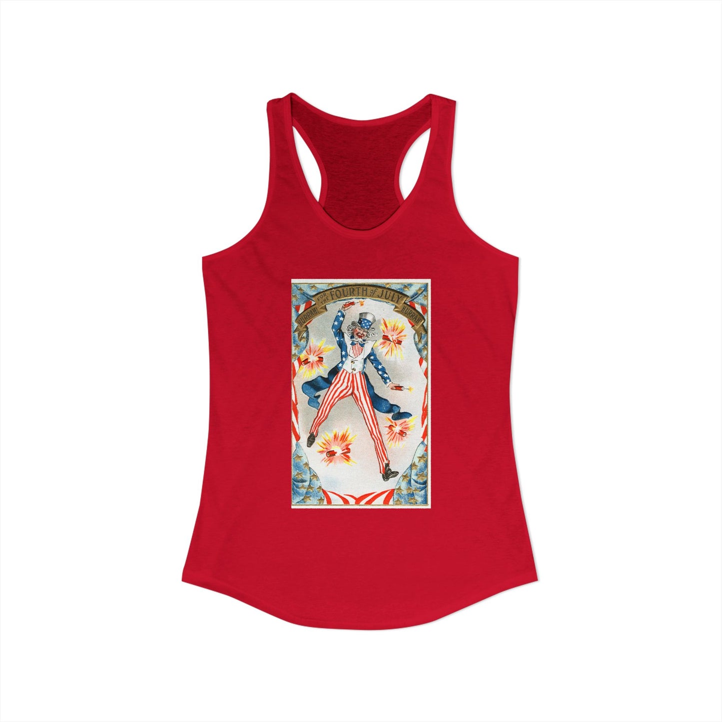 Hurrah Fourth of July Uncle Sam racerback tank white — vintage patriotic postcard art — The Faded Label Co.