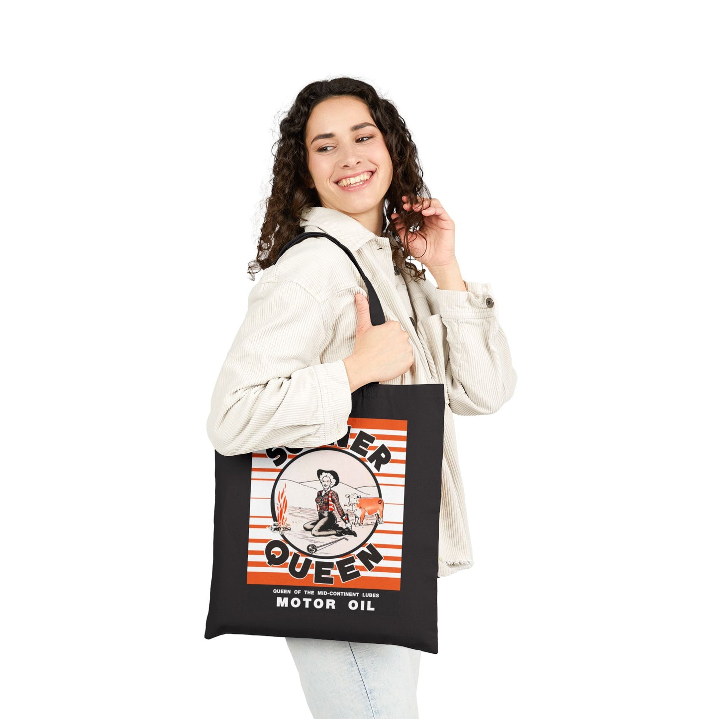 Sooner Queen Motor Oil Canvas Tote Bag — Retro Gasoline Poster Market Tote