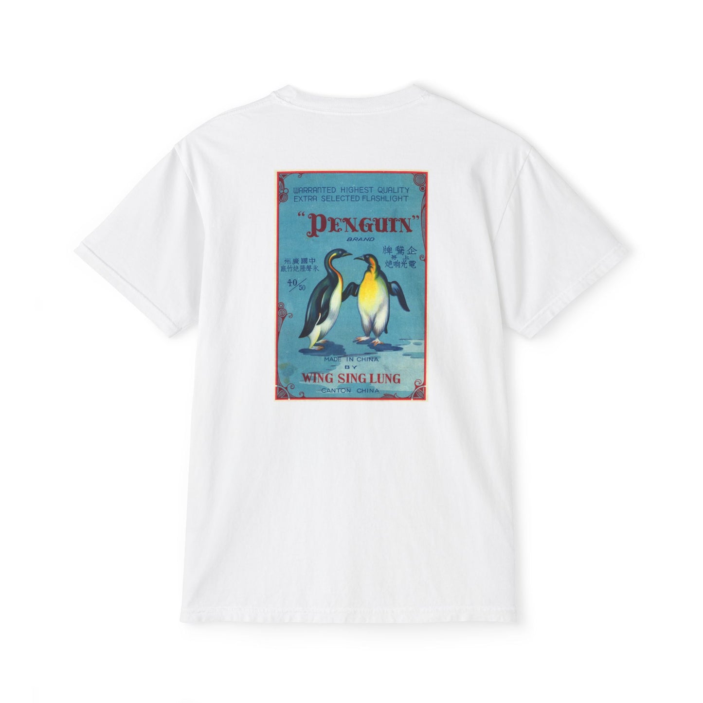 Penguin Brand Firecrackers pocket t-shirt white — person wearing — The Faded Label Co.