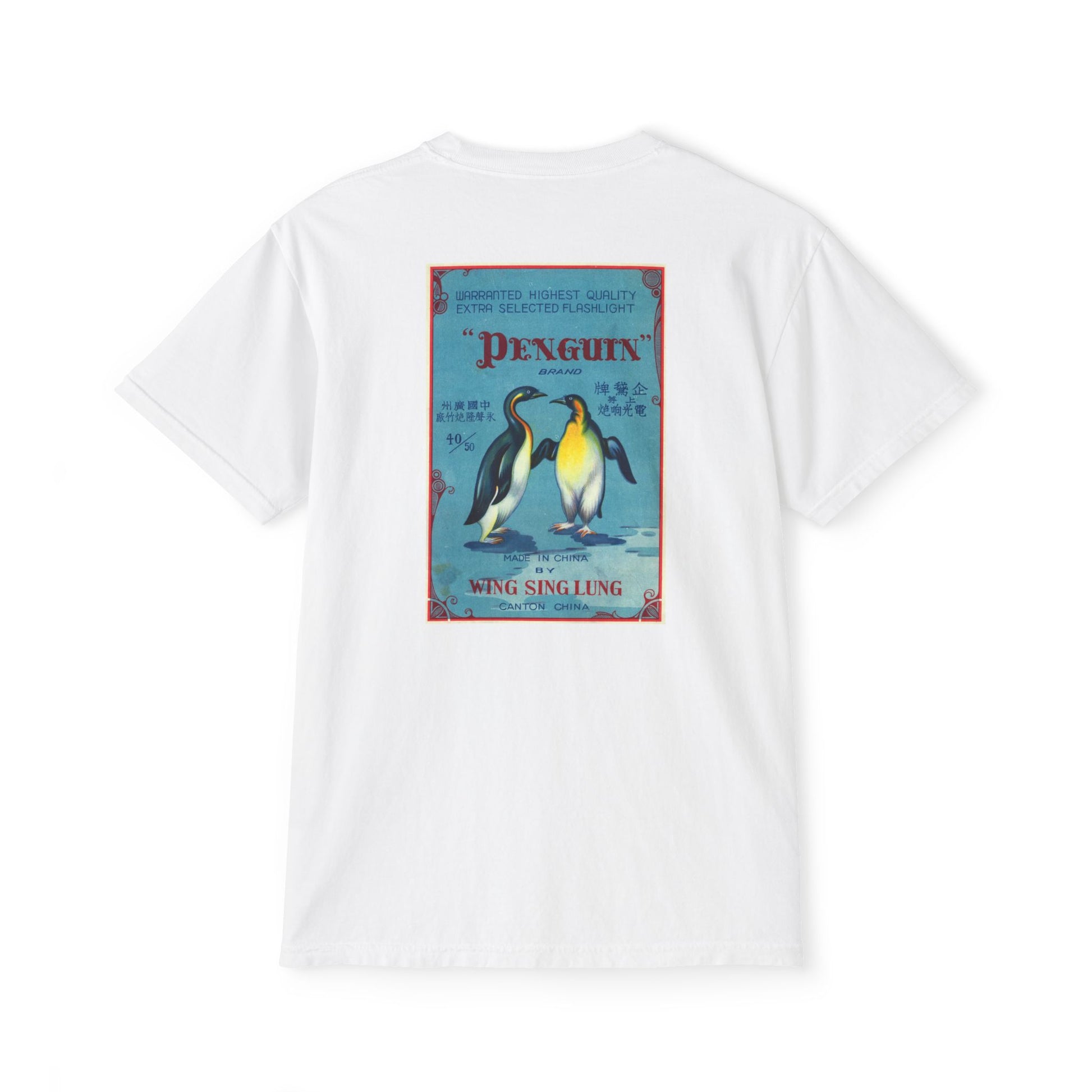 Penguin Brand Firecrackers pocket t-shirt white — person wearing — The Faded Label Co.