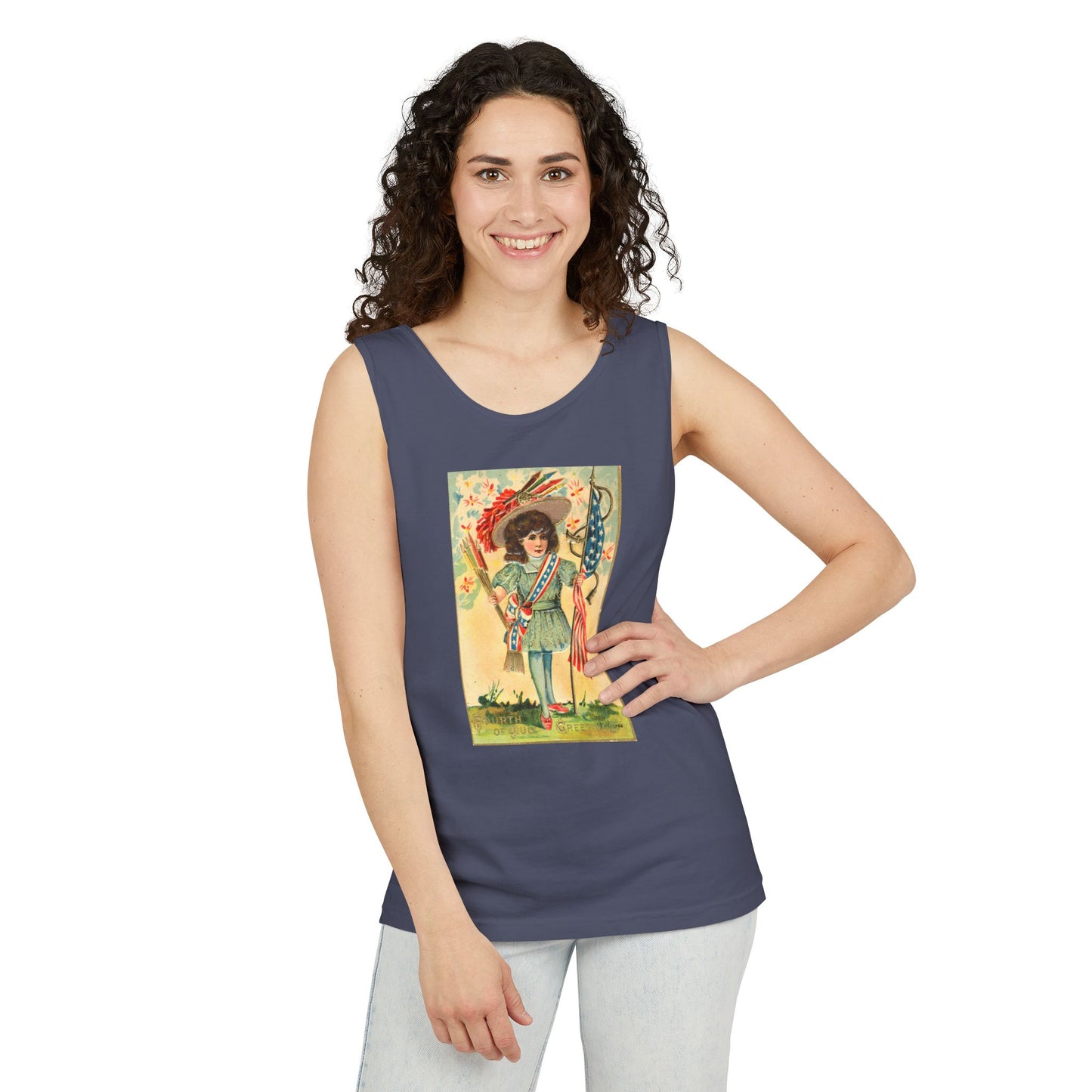 4th of July Patriotic Girl tank top folded — Comfort Colors 9360 vintage Americana tank — The Faded Label Co.