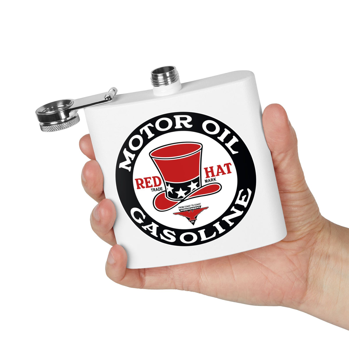 Red Hat Motor Oil & Gasoline Flask — Vintage Rare Petroliana Gift | The Faded Label Co.