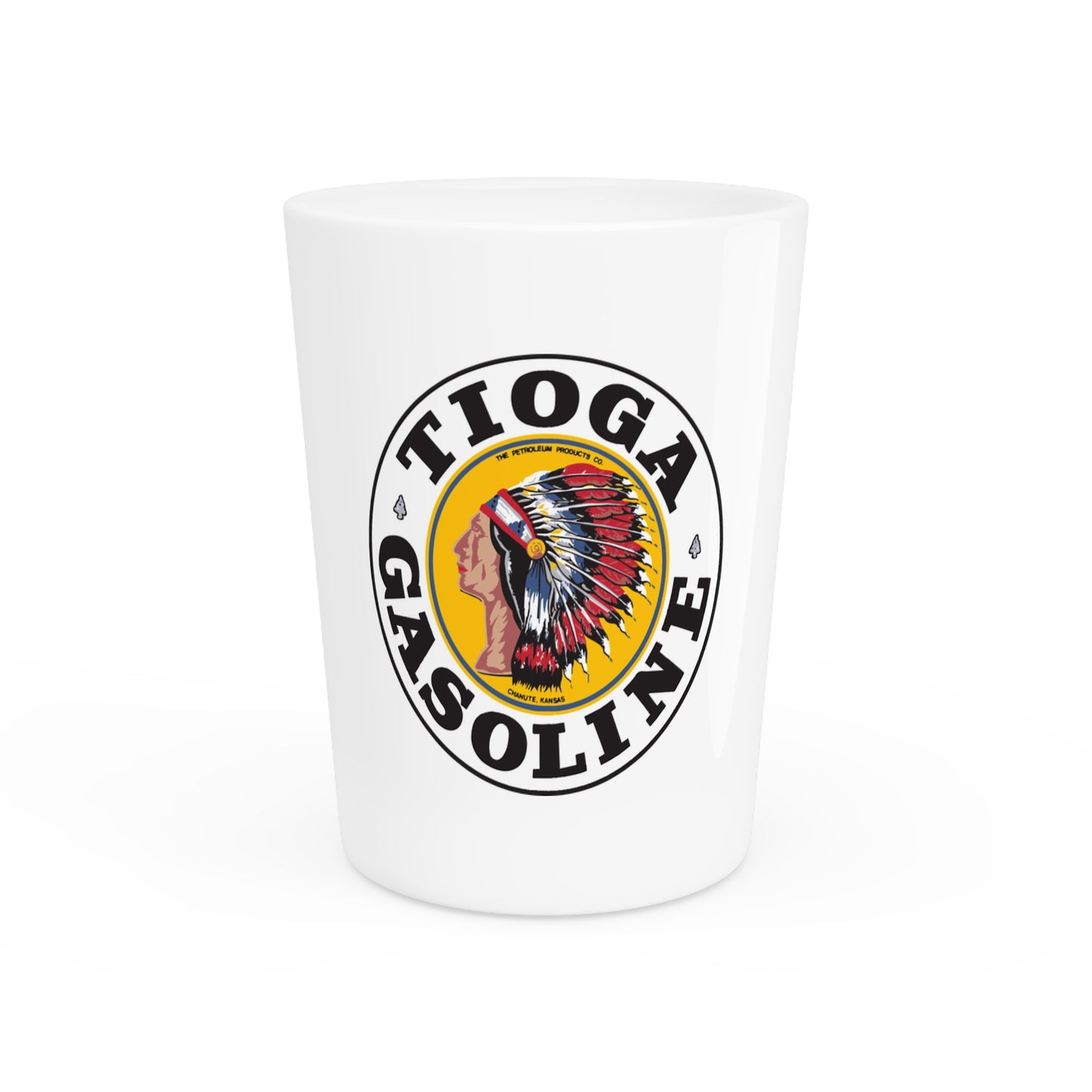 Tioga Gasoline shot glass — vintage petroliana barware — The Faded Label Co.