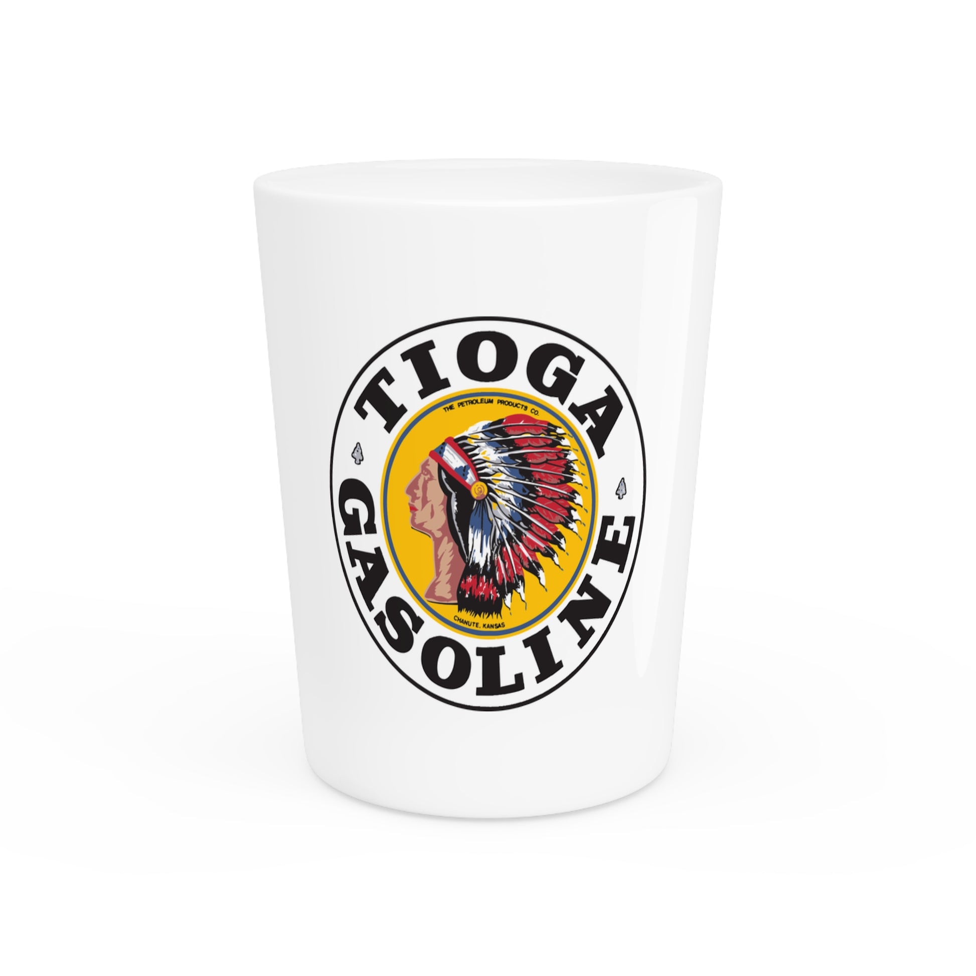 Tioga Gasoline shot glass — vintage petroliana barware — The Faded Label Co.