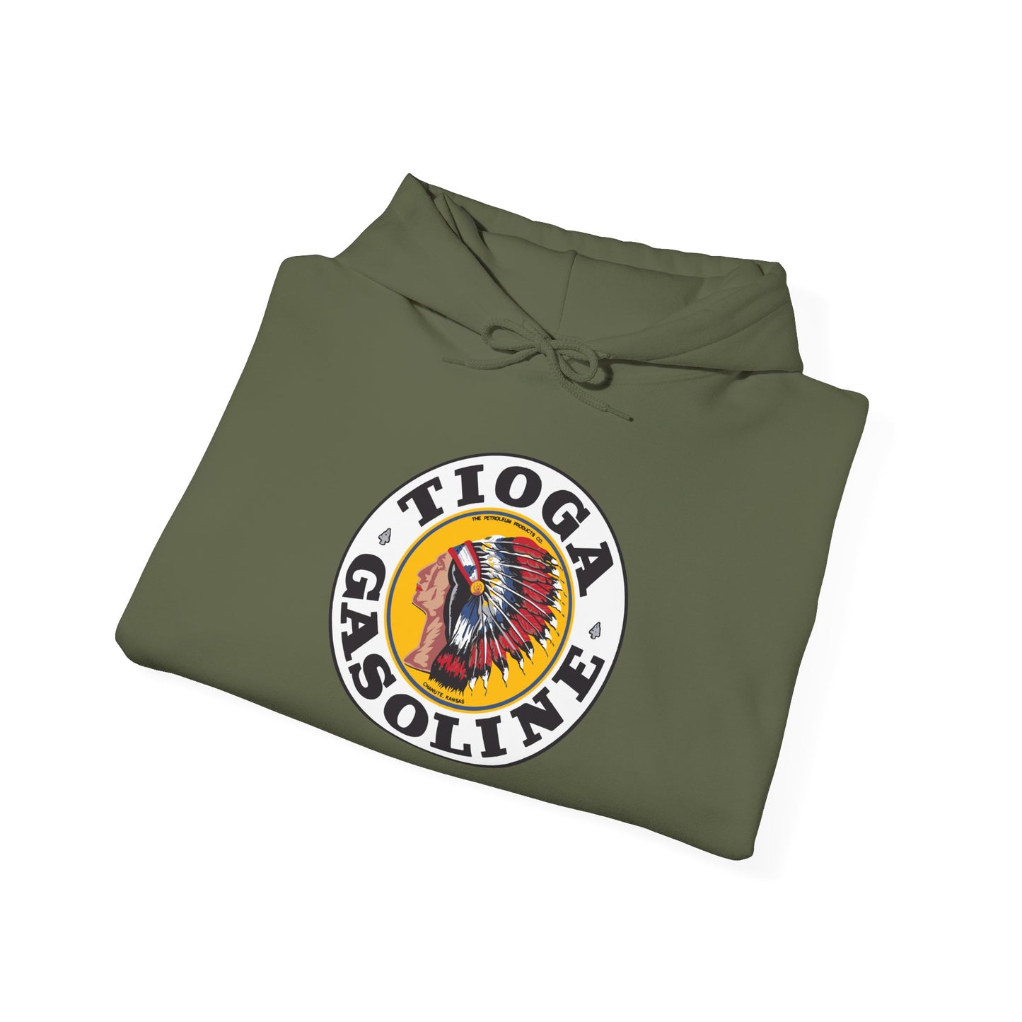 Tioga Gasoline Logo Hoodie — Vintage Native Chief Emblem