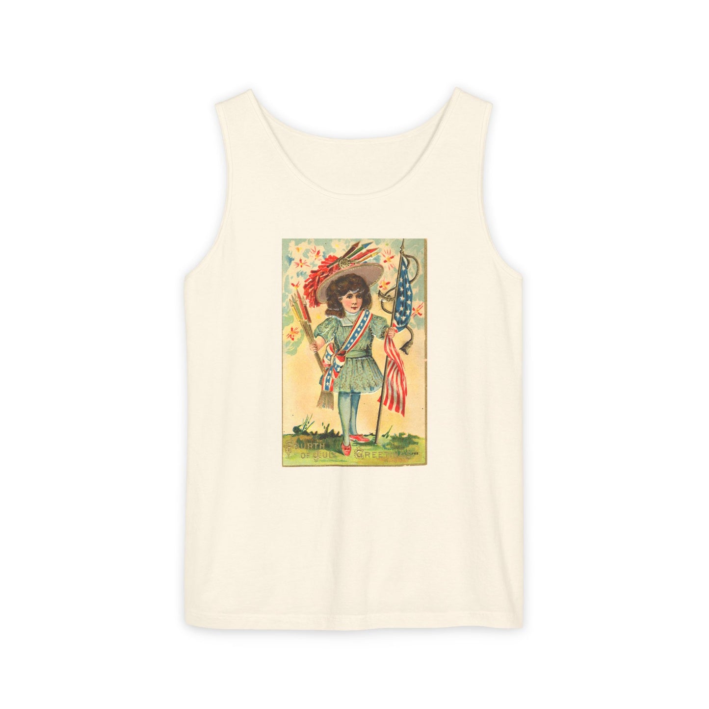 4th of July Patriotic Girl tank top white — vintage patriotic postcard art — The Faded Label Co.