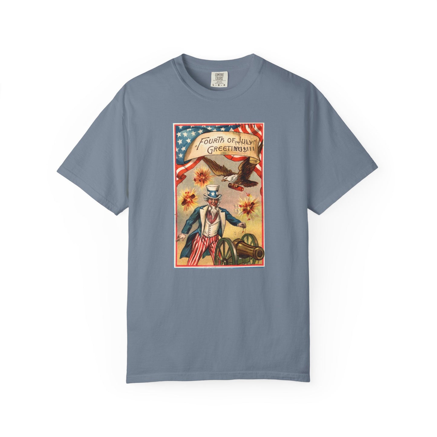 Fourth of July Greetings Uncle Sam t-shirt pepper — vintage patriotic postcard art — The Faded Label Co.