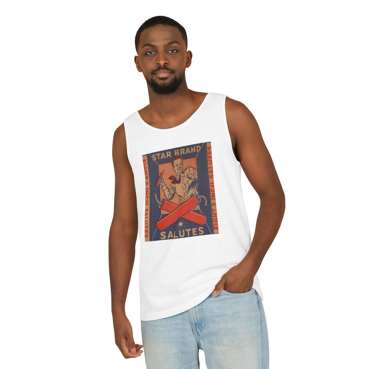 Star Brand Salutes tank top lifestyle front — mid-century American fireworks label art — The Faded Label Co.