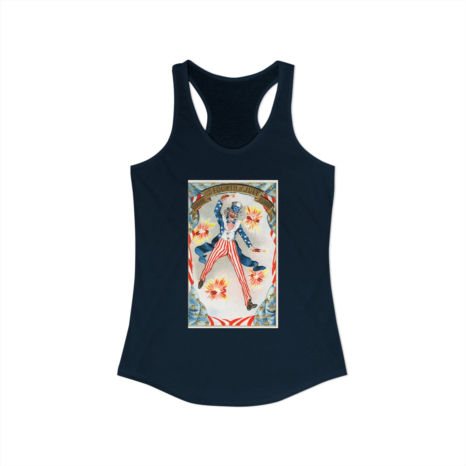 Hurrah Fourth of July Uncle Sam racerback tank warm gray — vintage patriotic postcard art — The Faded Label Co.