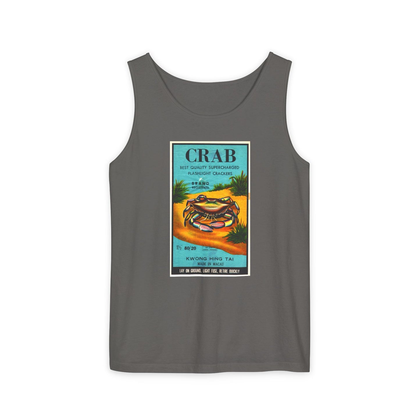 Crab Brand Firecrackers tank top gray — 4th of July vintage graphic tank — The Faded Label Co.