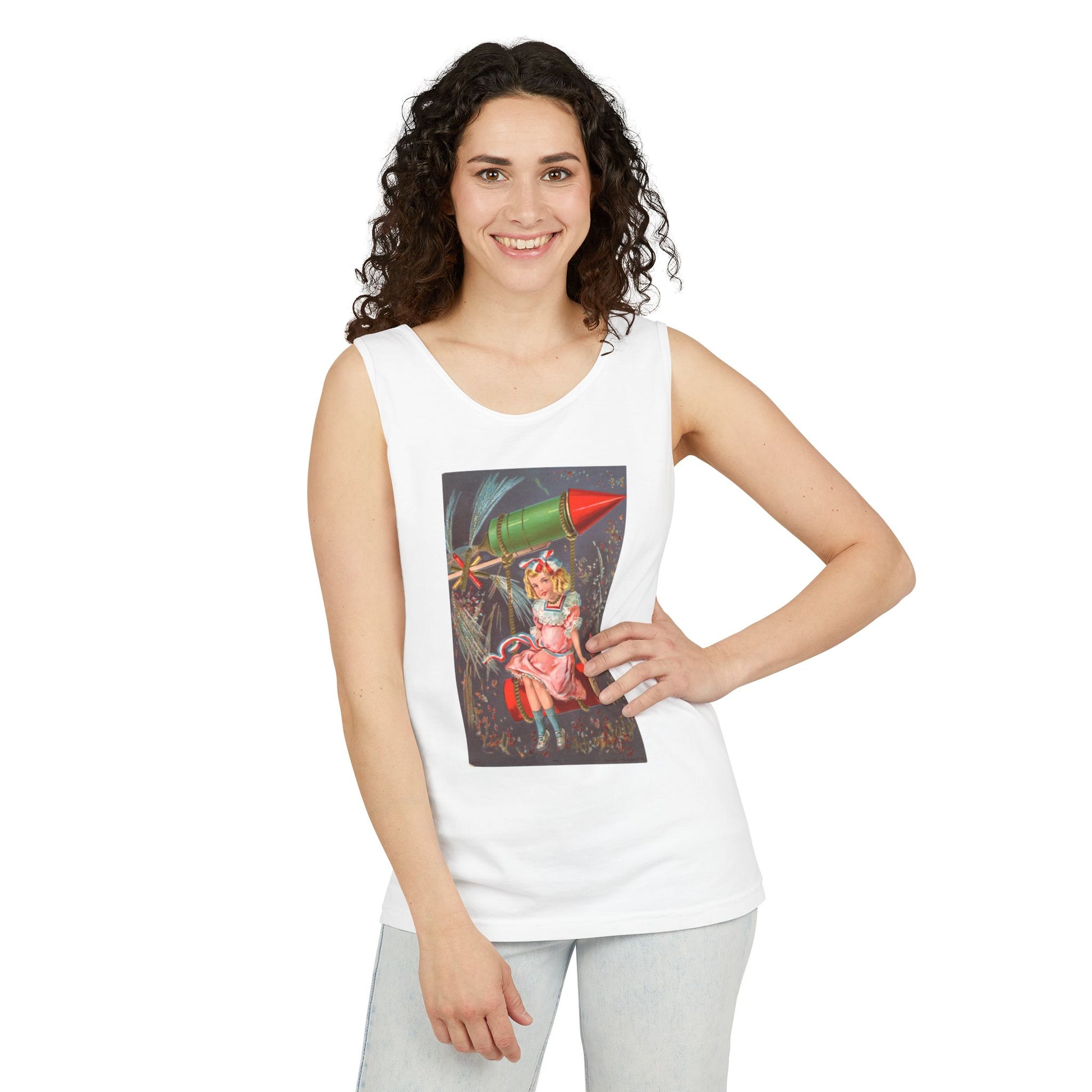 1907 Rocket Girl tank top lifestyle front — P. Sander 1907 chromolithograph art — The Faded Label Co.