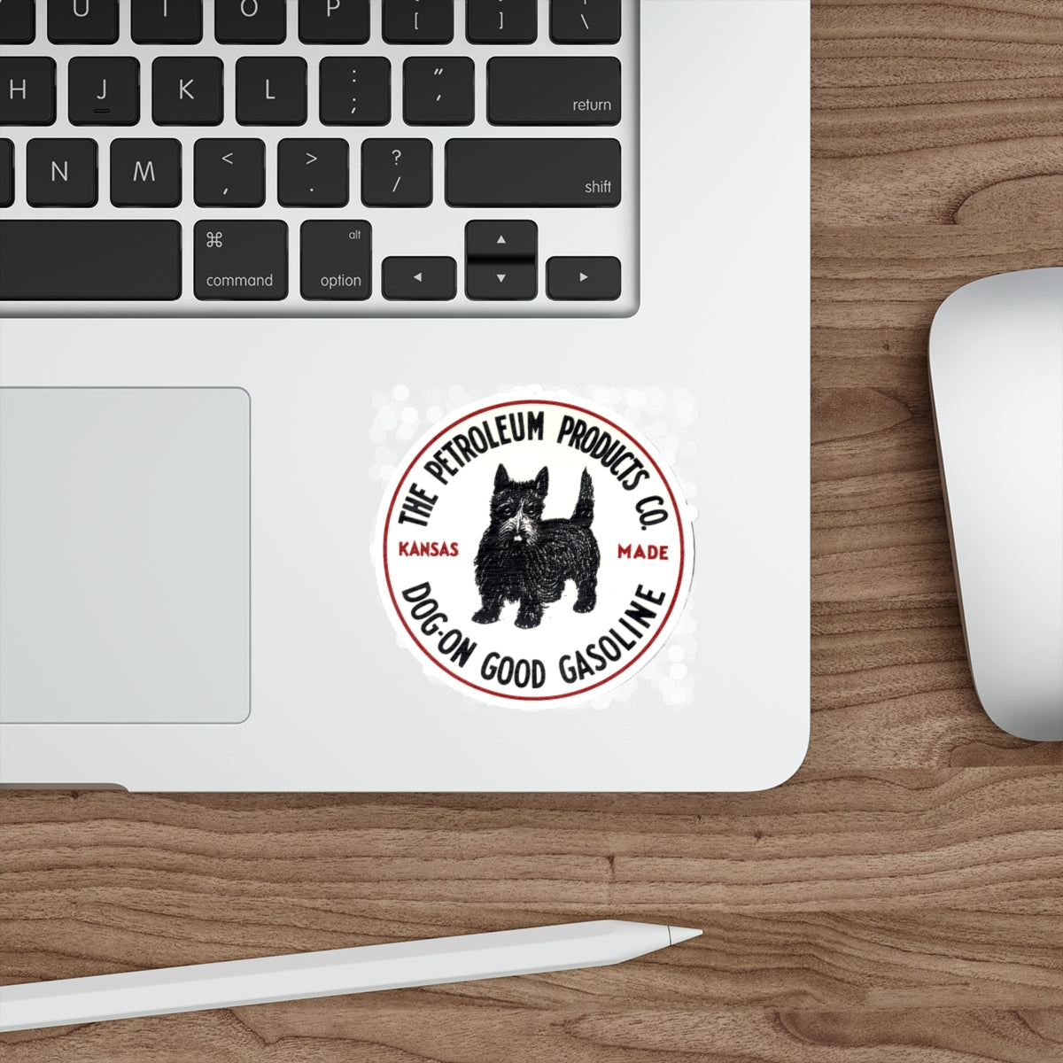 Dog-On Good Gasoline sticker lifestyle — Scottie dog collectible decal — The Faded Label Co.
