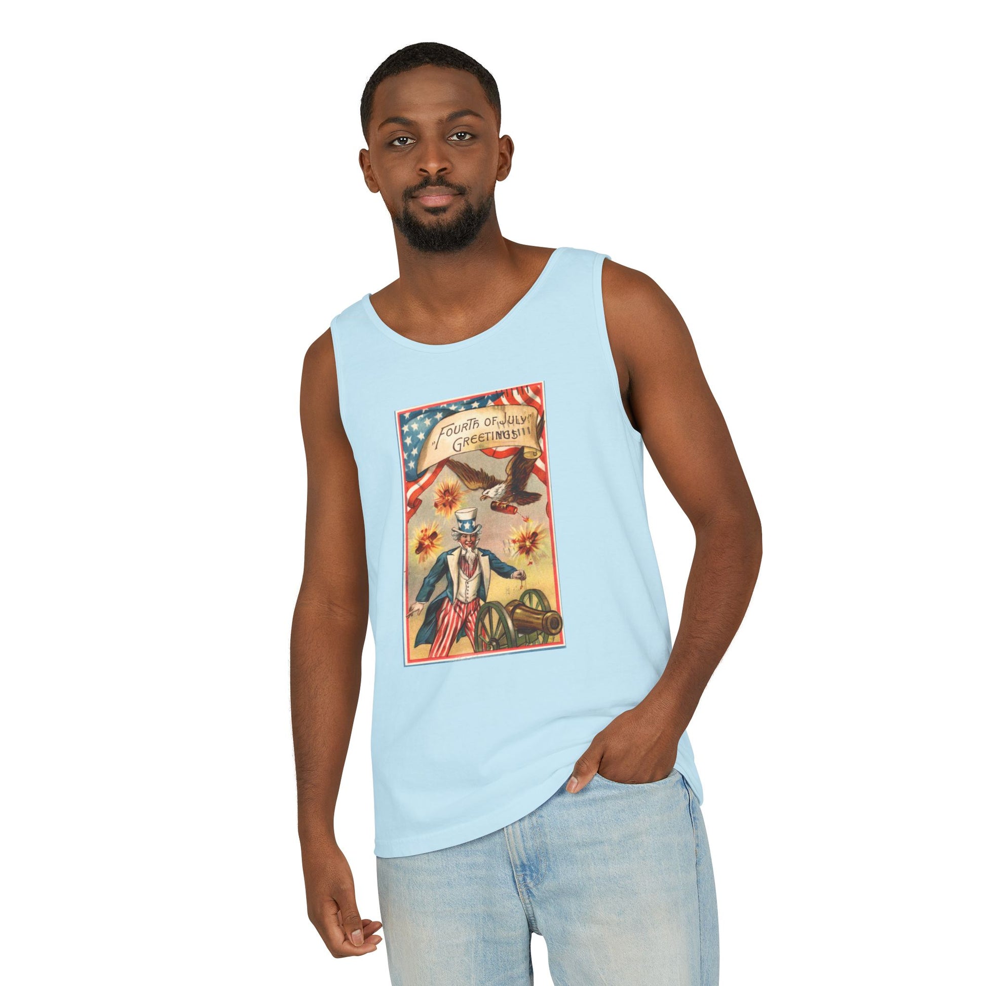 Fourth of July Greetings Uncle Sam tank top flat lay denim — Comfort Colors 9360 unisex tank — The Faded Label Co.