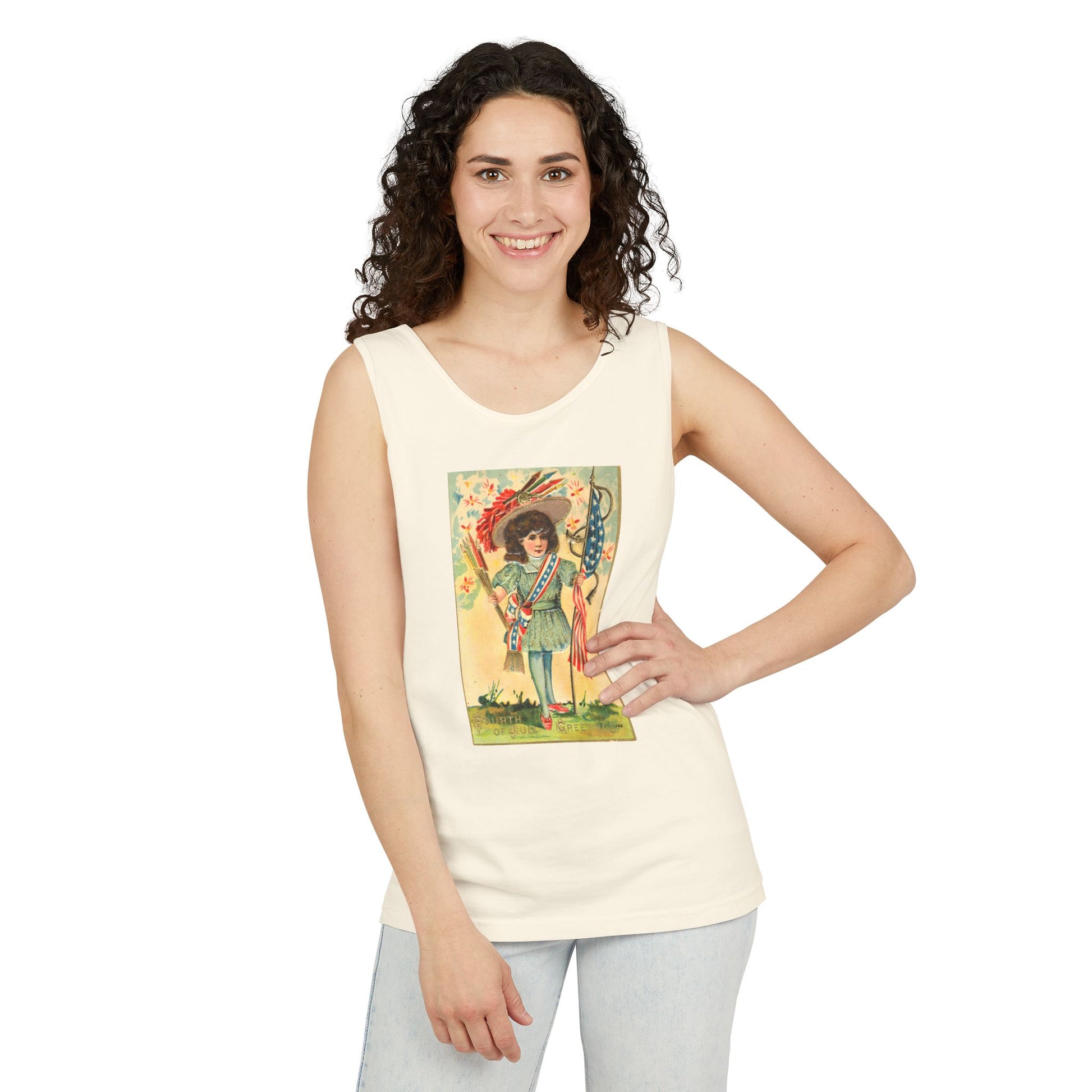 4th of July Patriotic Girl tank top on model front — vintage patriotic Americana tank — The Faded Label Co.