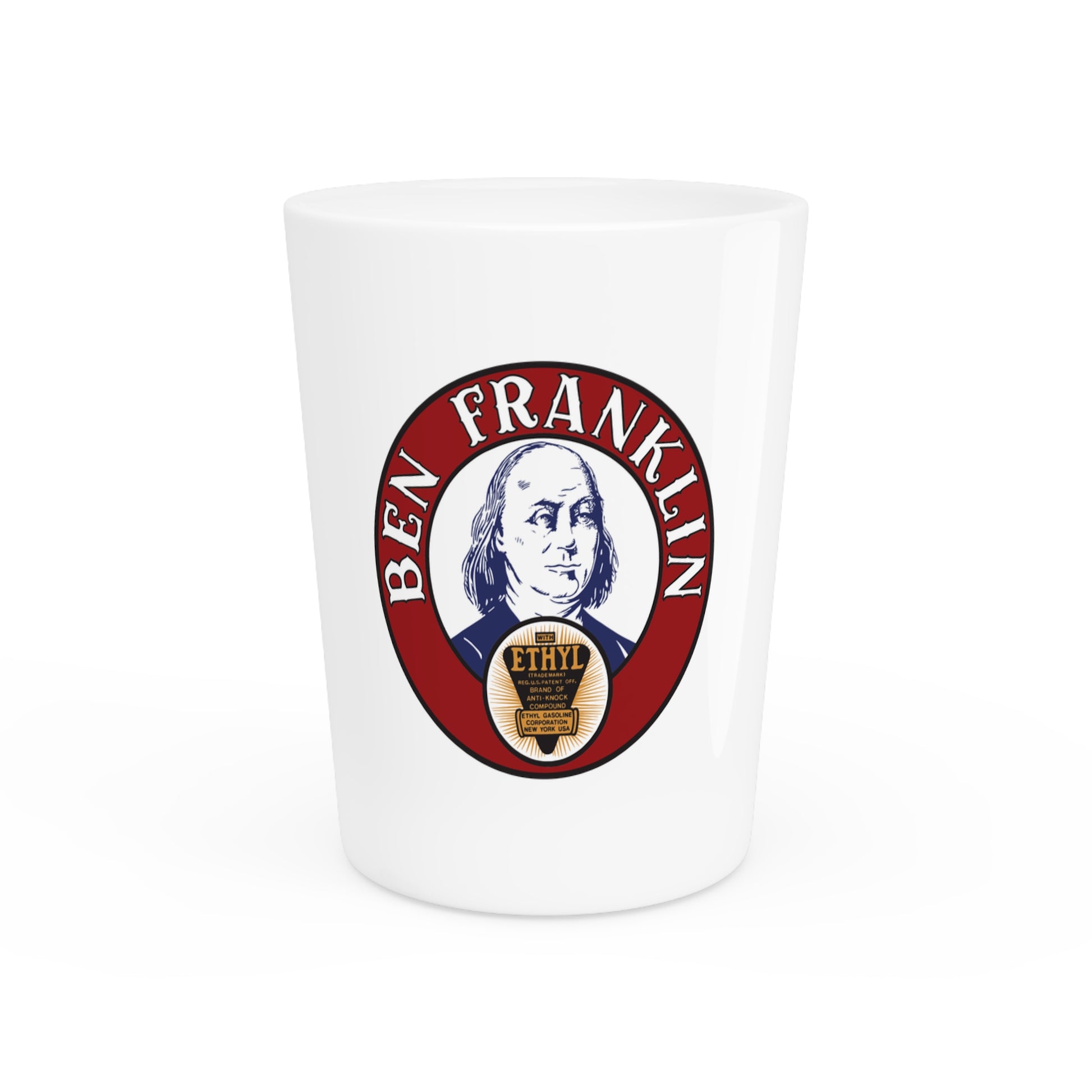Ben Franklin Gasoline shot glass — vintage petroliana barware — The Faded Label Co.