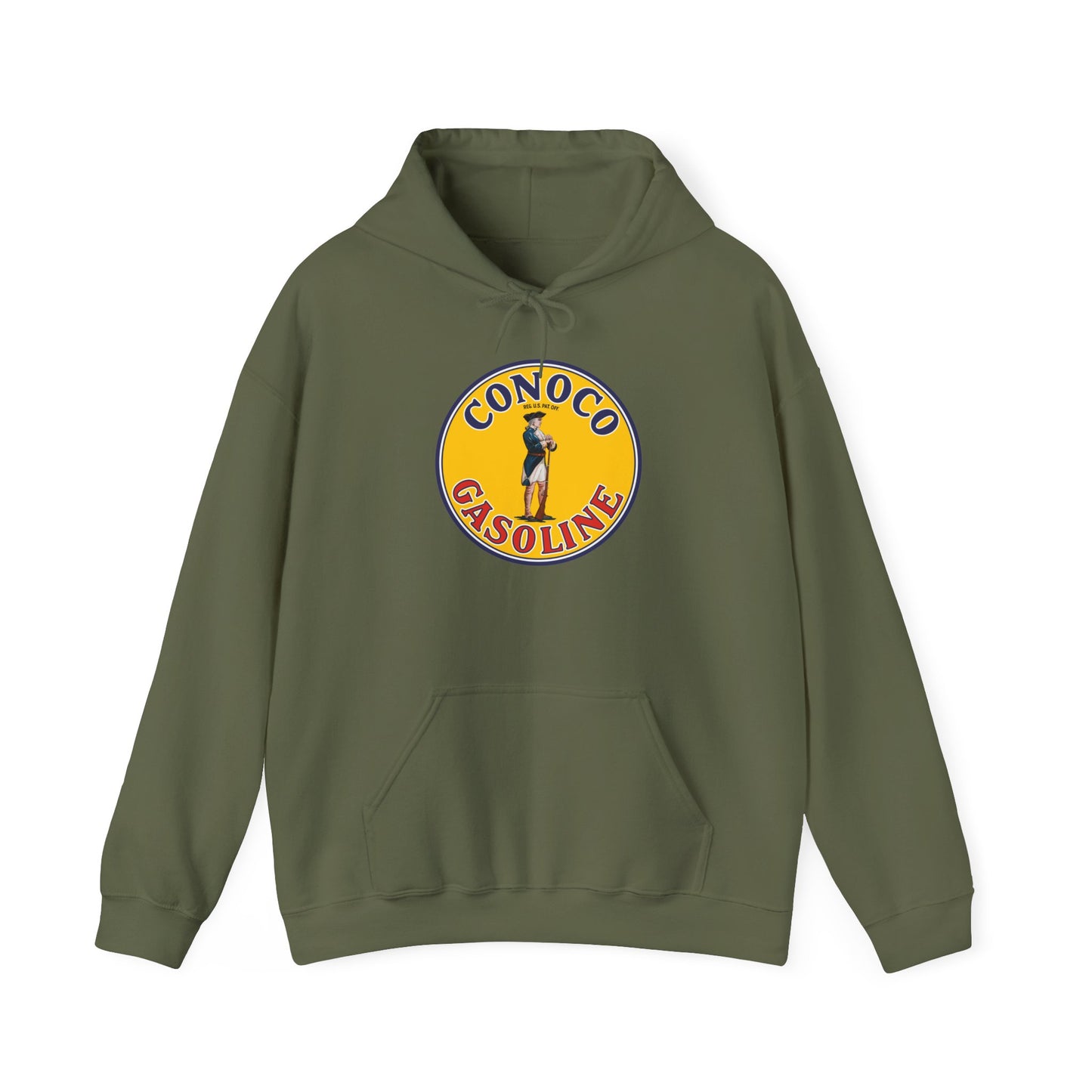 Conoco minuteman Gasoline Vintage Logo Hoodie — Retro Petrol Brand Pullover
