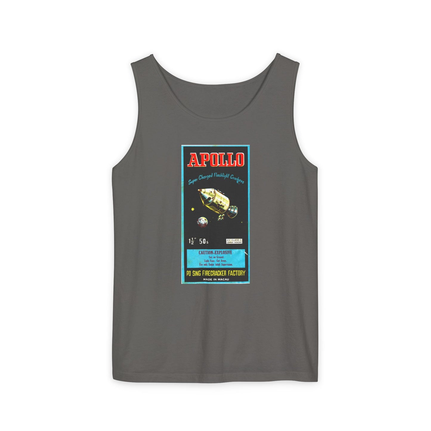 Apollo Firecrackers tank top blue jean — Comfort Colors garment-dyed — The Faded Label Co.