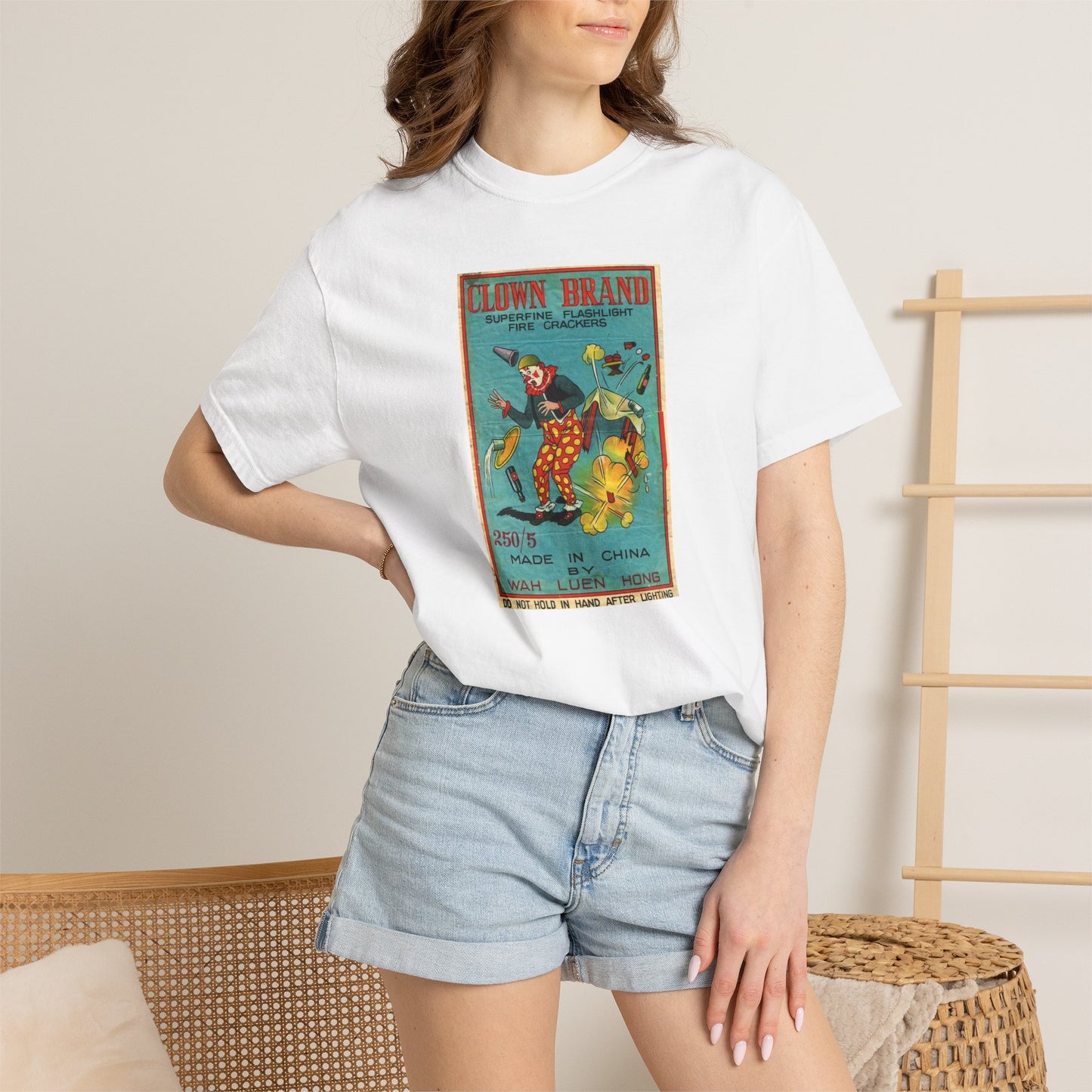 Clown Brand Firecrackers t-shirt on model lifestyle — vintage fireworks apparel — The Faded Label Co.
