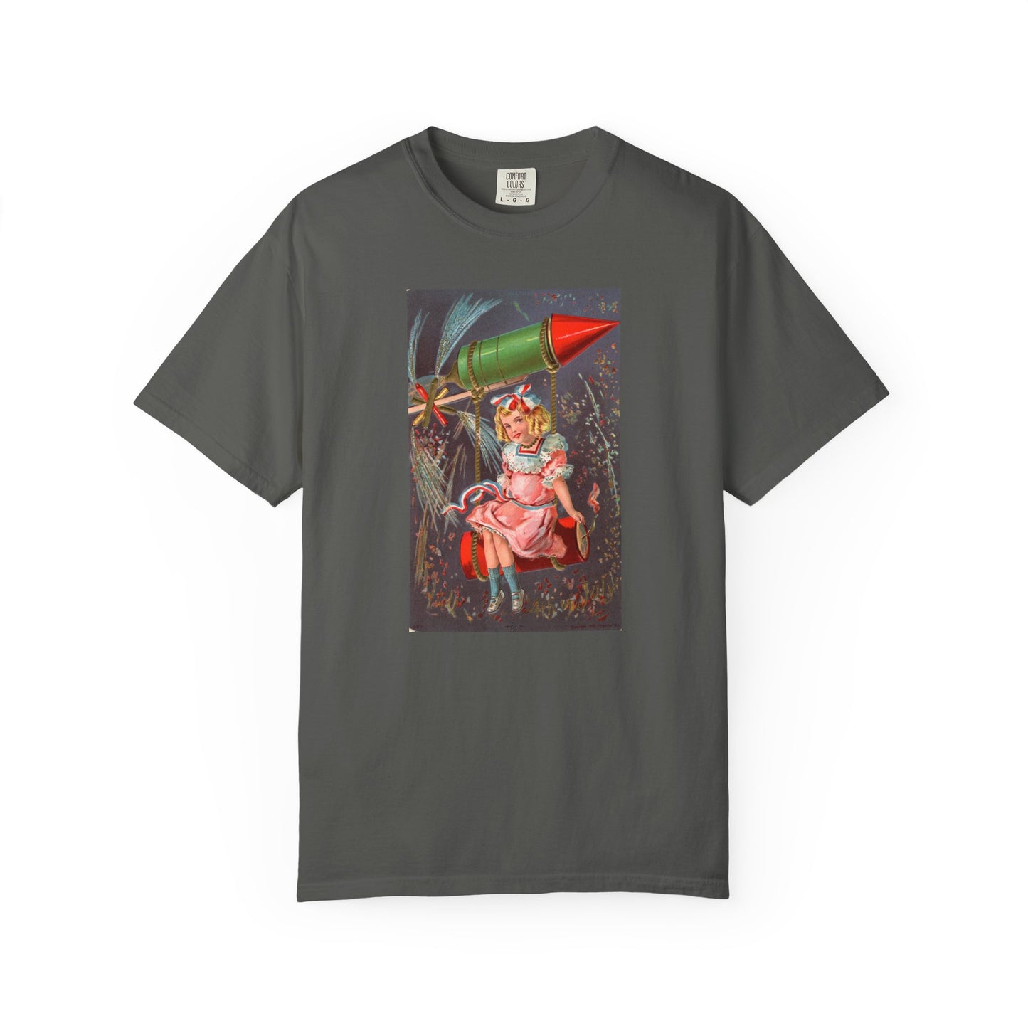 1907 Rocket Girl t-shirt blue jean — vintage 4th of July postcard art — The Faded Label Co.