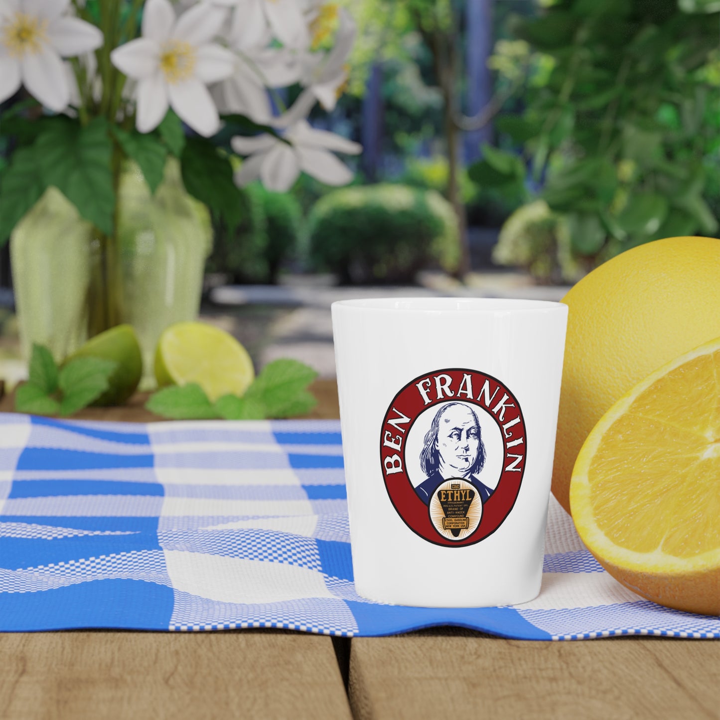 Ben Franklin Gasoline Shot Glass — Vintage Petroliana Gift | The Faded Label Co.