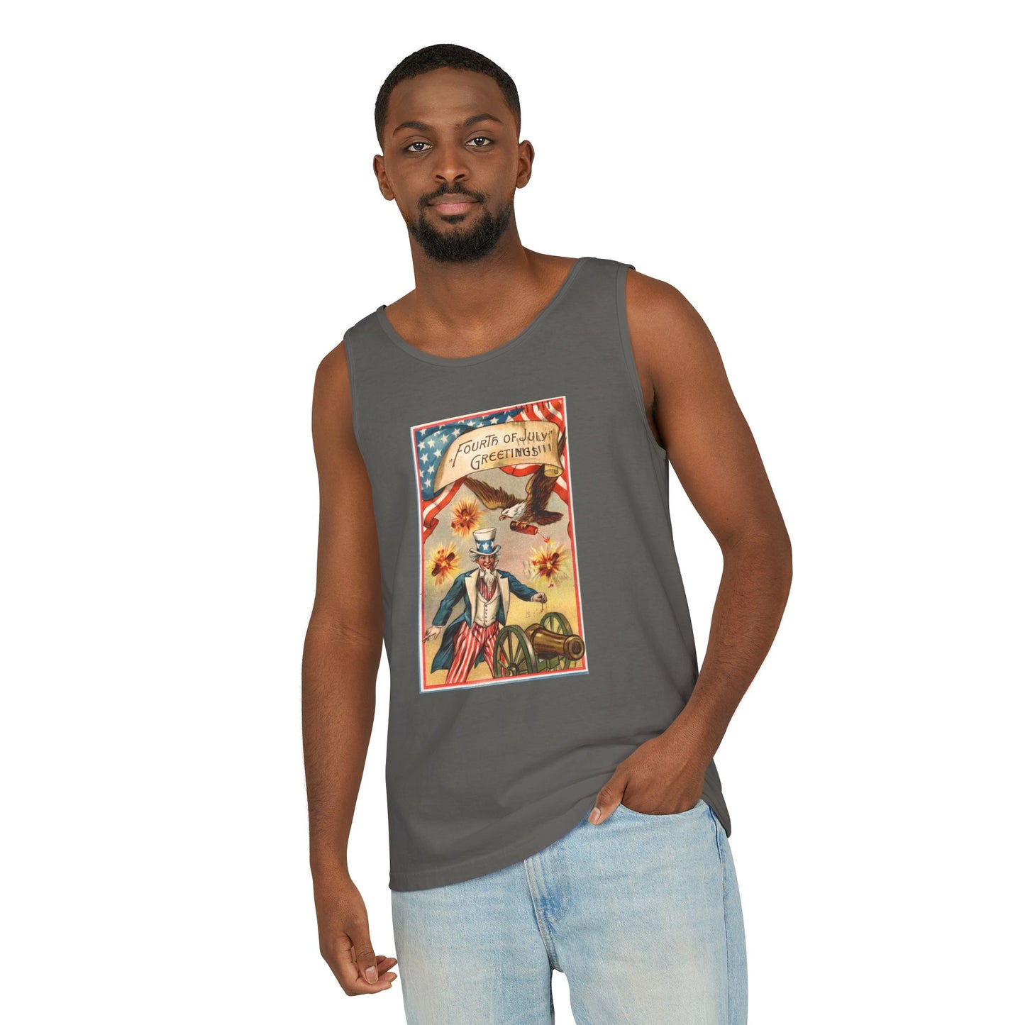 Fourth of July Greetings Uncle Sam tank top flat lay white — Comfort Colors 9360 unisex tank — The Faded Label Co.