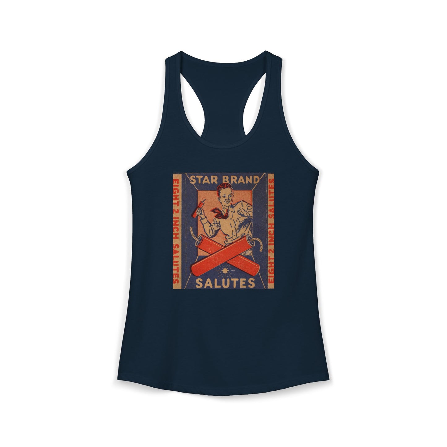 Star Brand Salutes racerback tank warm gray — vintage fireworks label art — The Faded Label Co.