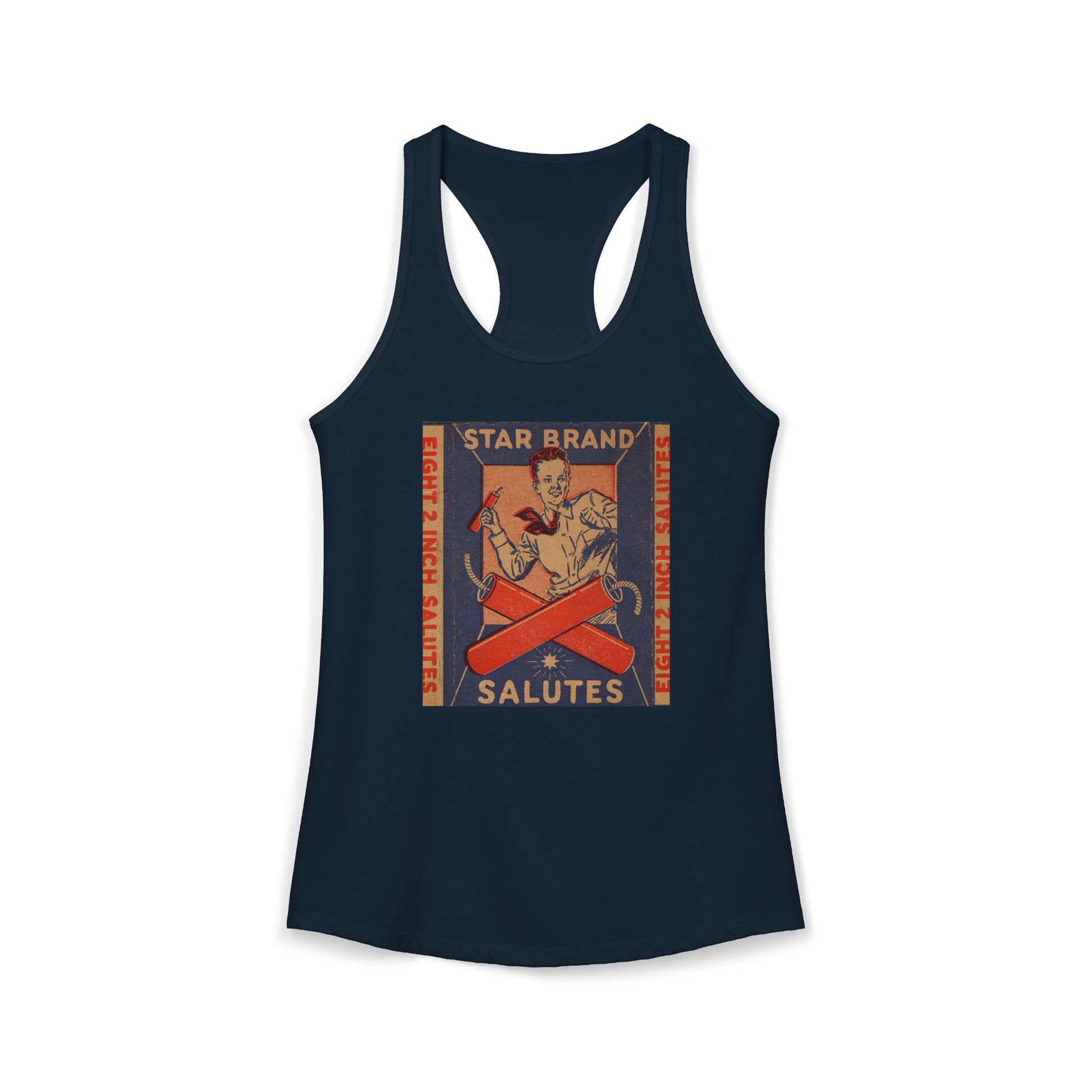 Star Brand Salutes racerback tank warm gray — vintage fireworks label art — The Faded Label Co.