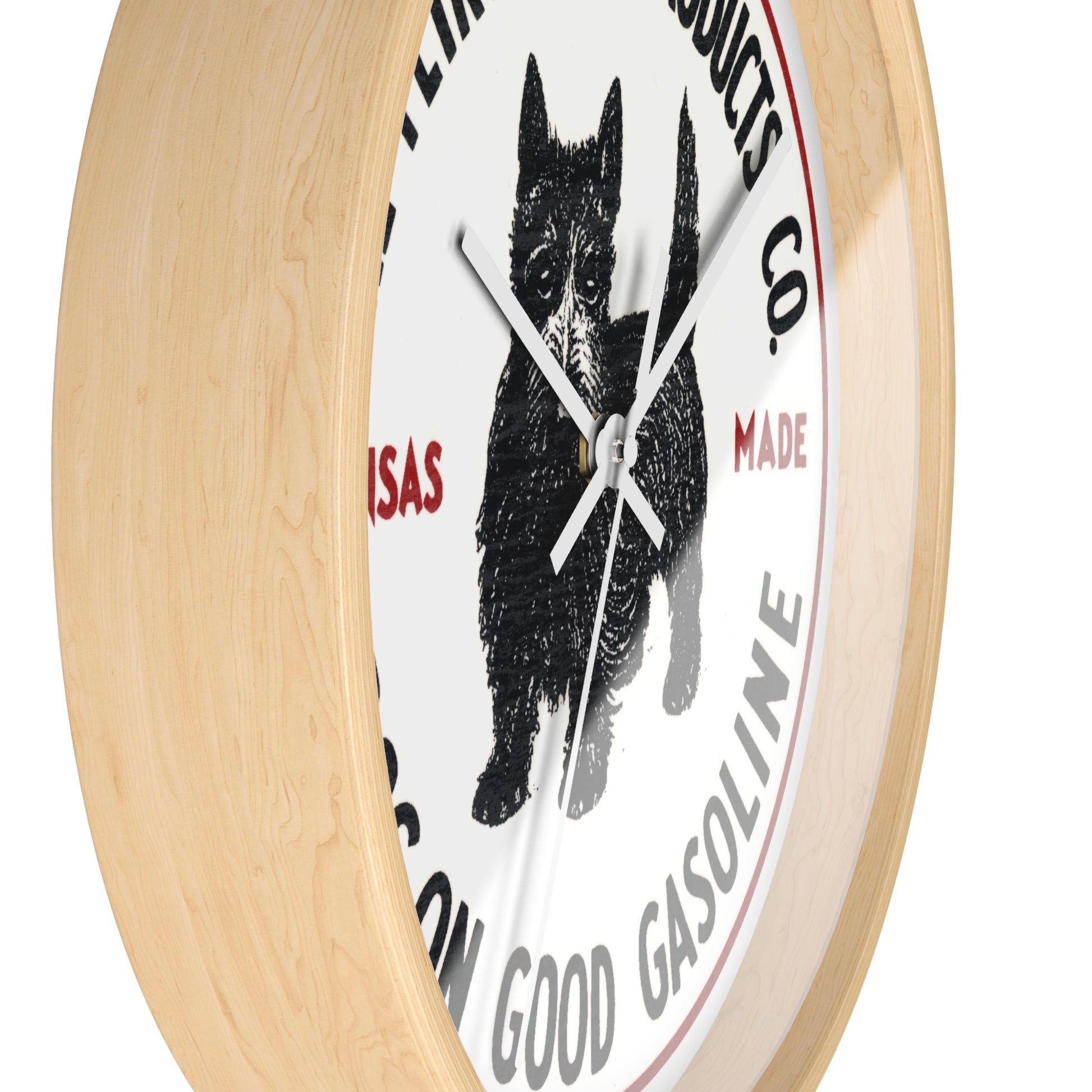 Dog-On Good Gasoline wall clock flat lay — vintage Scottie dog art — The Faded Label Co.