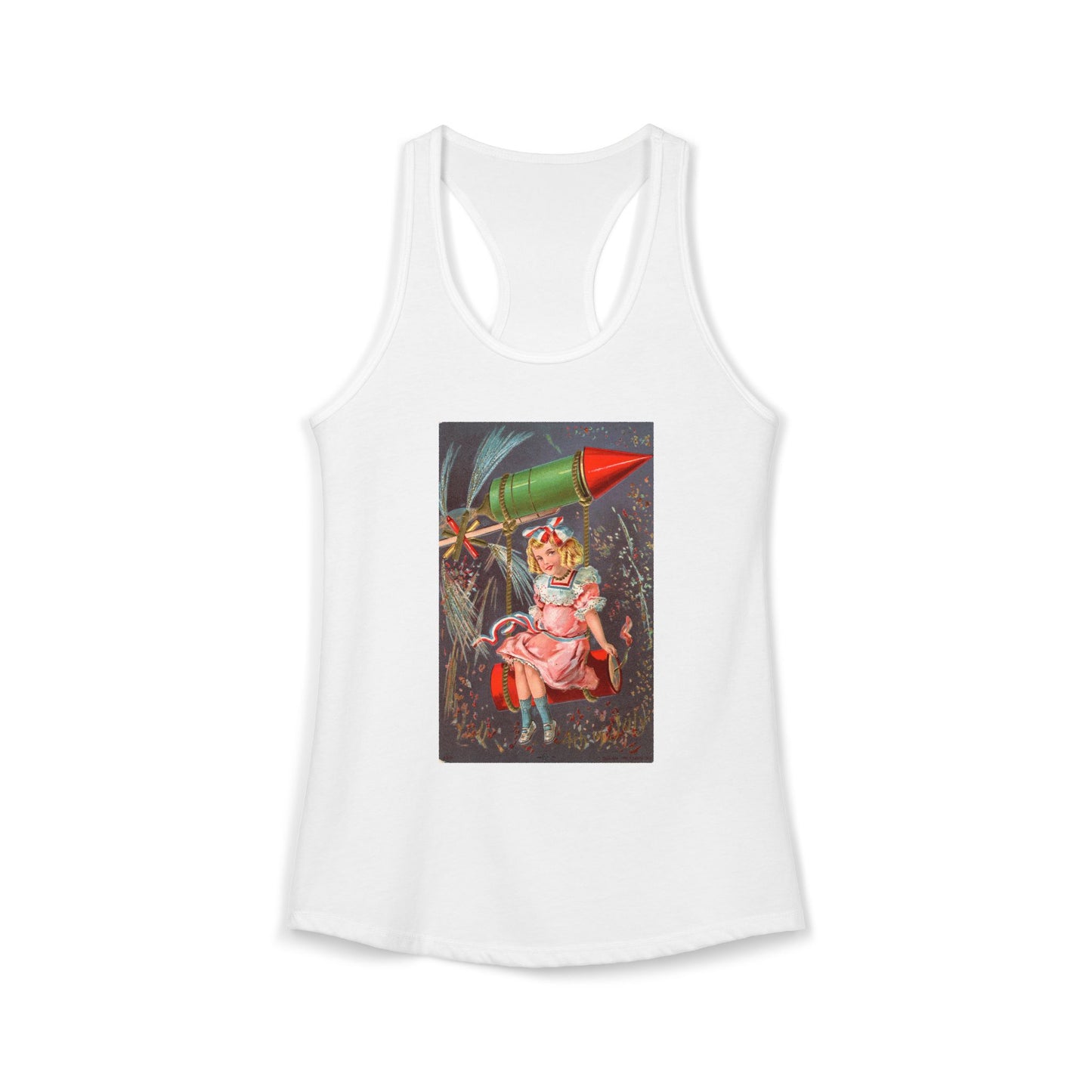 1907 Rocket Girl racerback tank red — vintage 4th of July postcard art — The Faded Label Co.