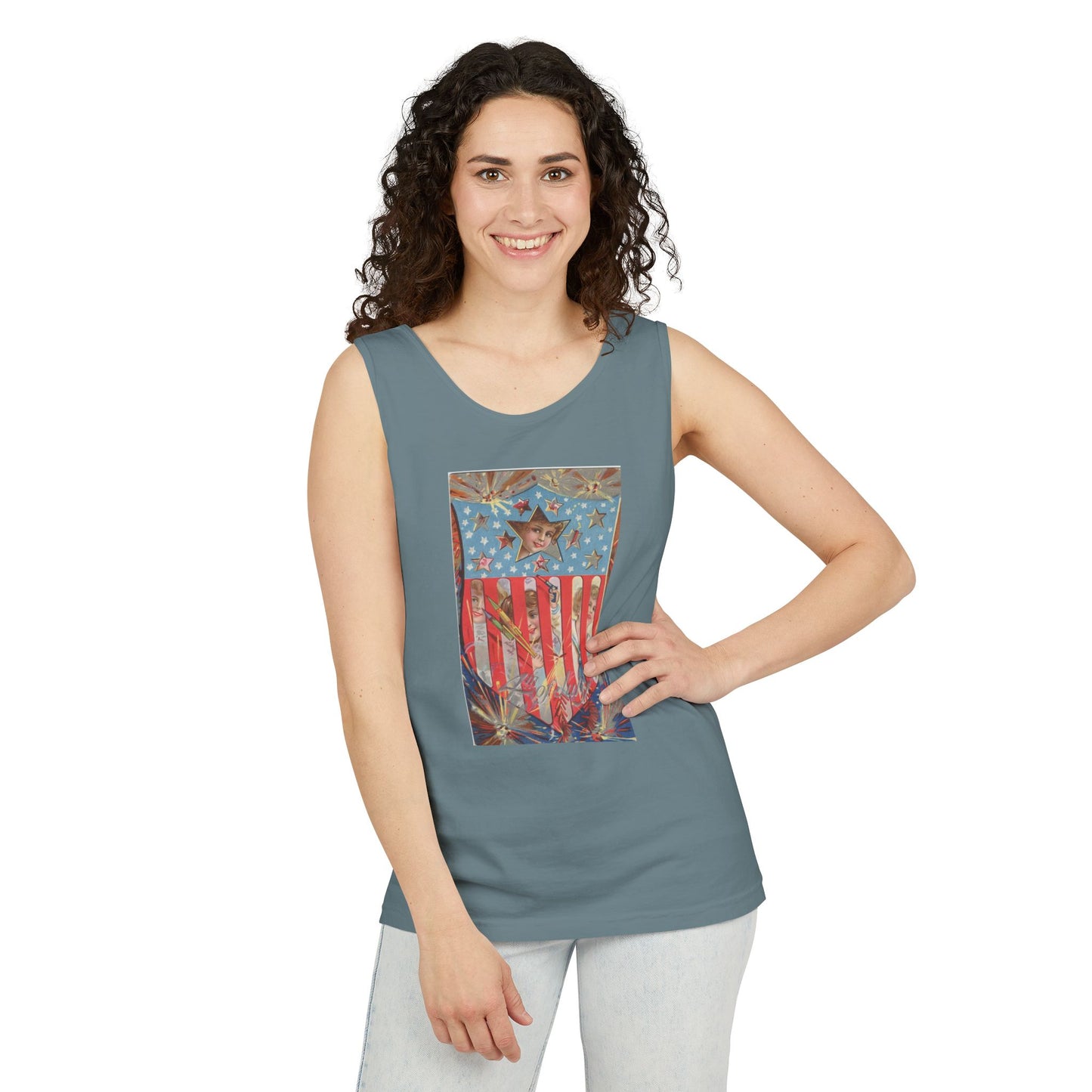 4th of July Shield Girls tank top care label — Comfort Colors 9360 garment dyed — The Faded Label Co.