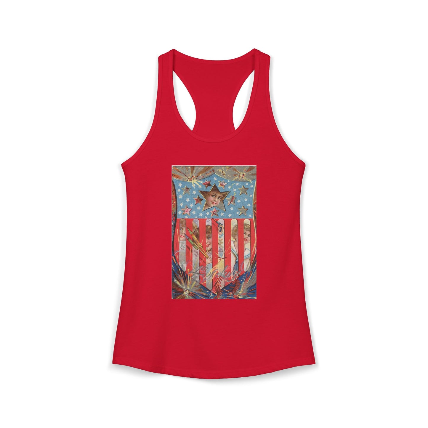 4th of July Shield Girls racerback tank white — vintage embossed patriotic postcard art — The Faded Label Co.