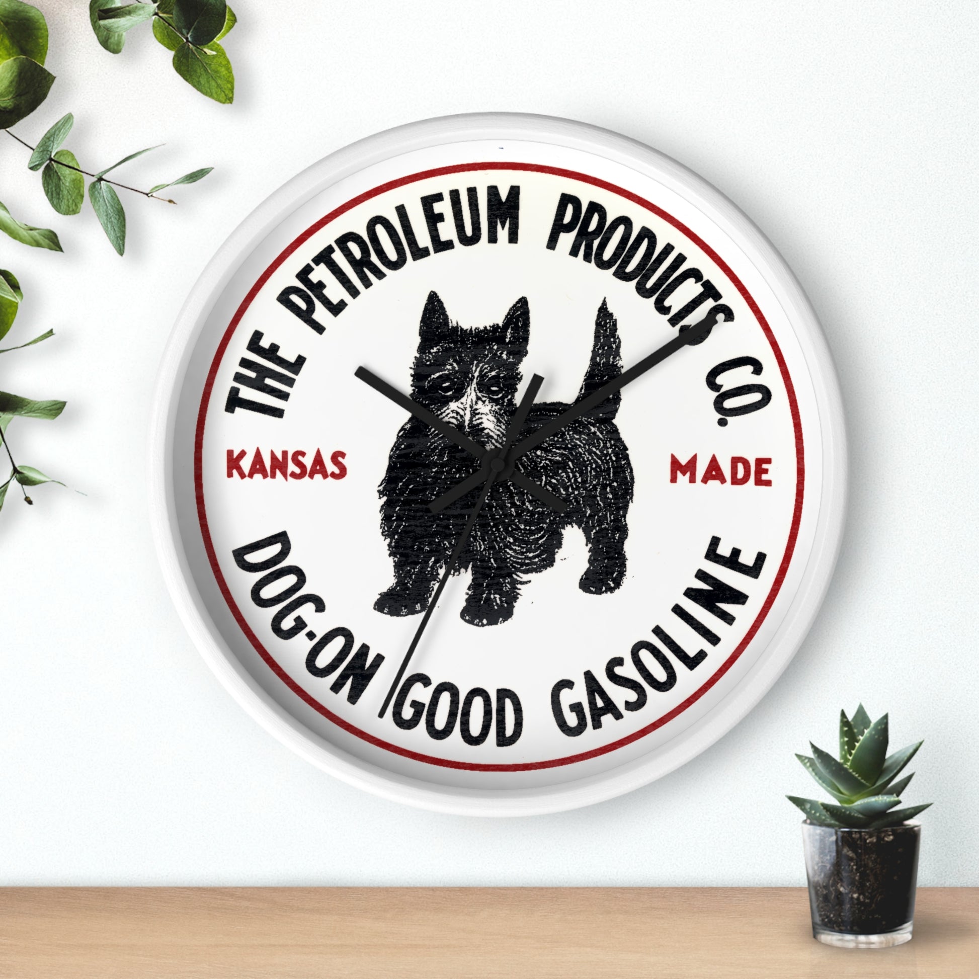 Dog-On Good Gasoline wall clock white base white hands — Scottie dog Kansas petroleum — The Faded Label Co.