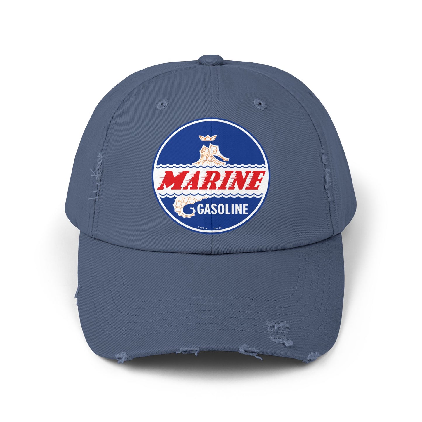 Marine Gasoline Distressed Cap — Vintage Dockside Petroliana Hat | The Faded Label Co.