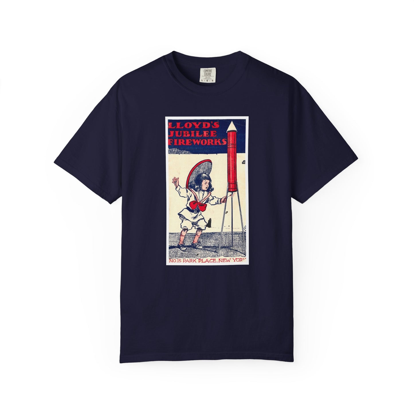 Lloyd's Jubilee Firecrackers t-shirt design detail — jubilee vintage label close-up — The Faded Label Co.
